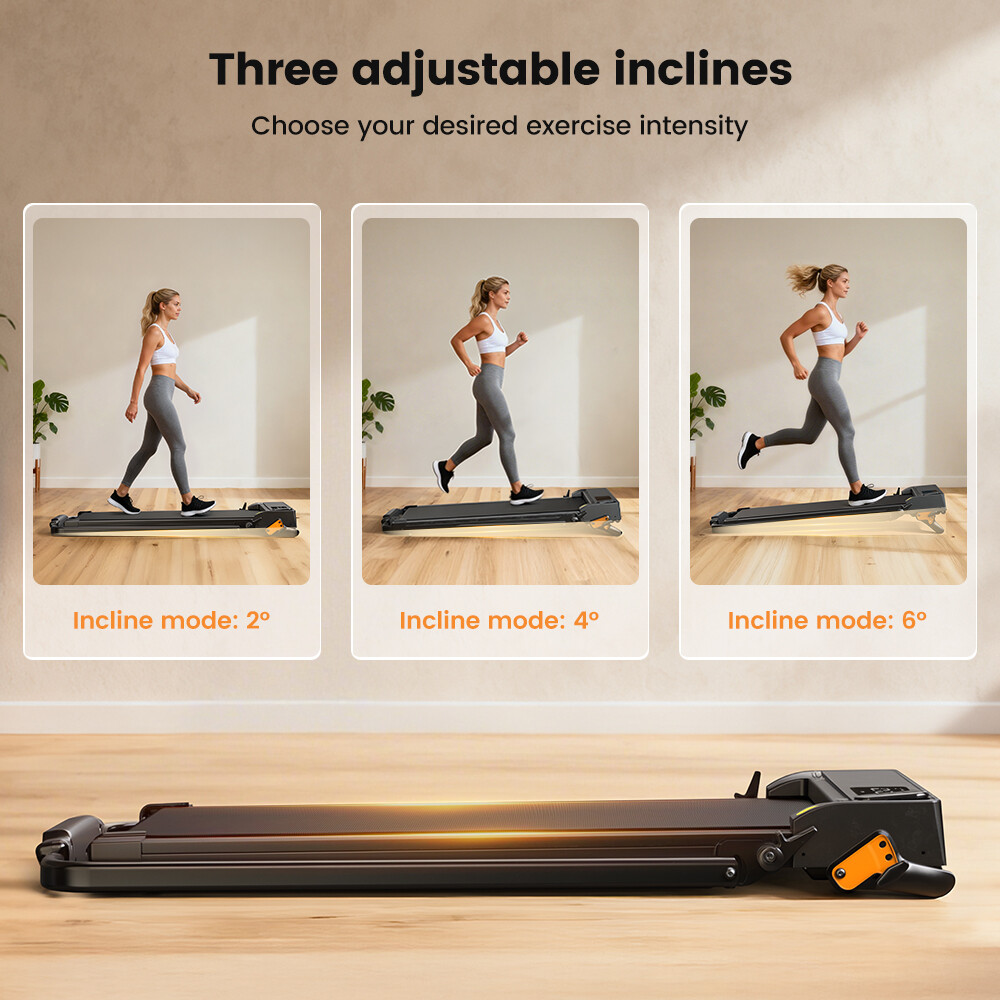 Cinta de correr con tres inclinaciones ajustables para varias intensidades de ejercicio y una mujer haciendo ejercicio.