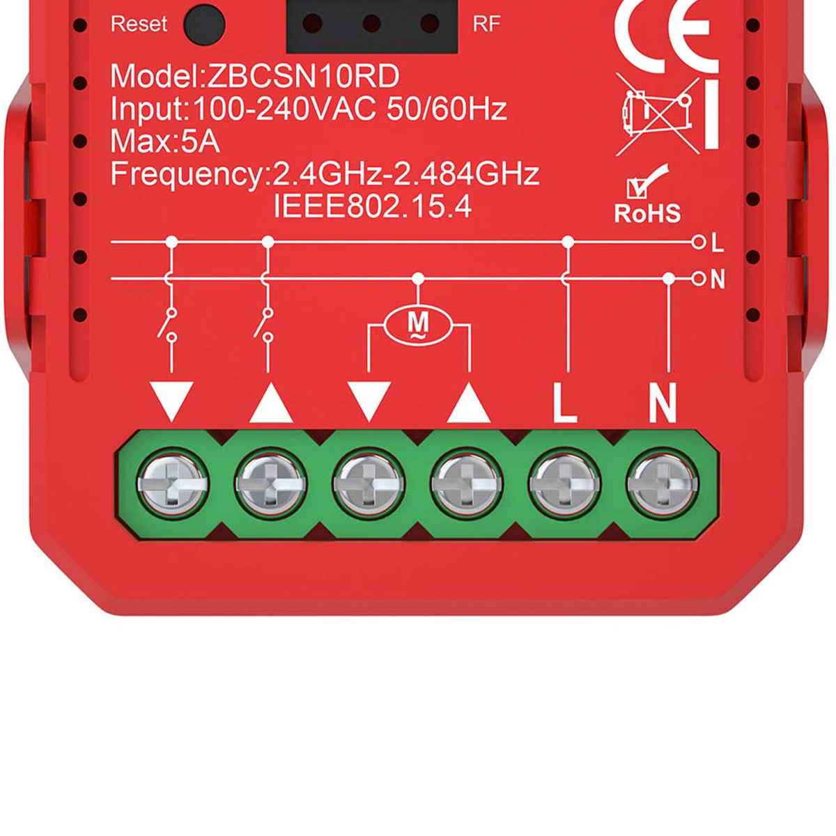 Rotes elektronisches Gerät mit Modellinformationen, Schaltplan und sechs grünen Schraubklemmen.