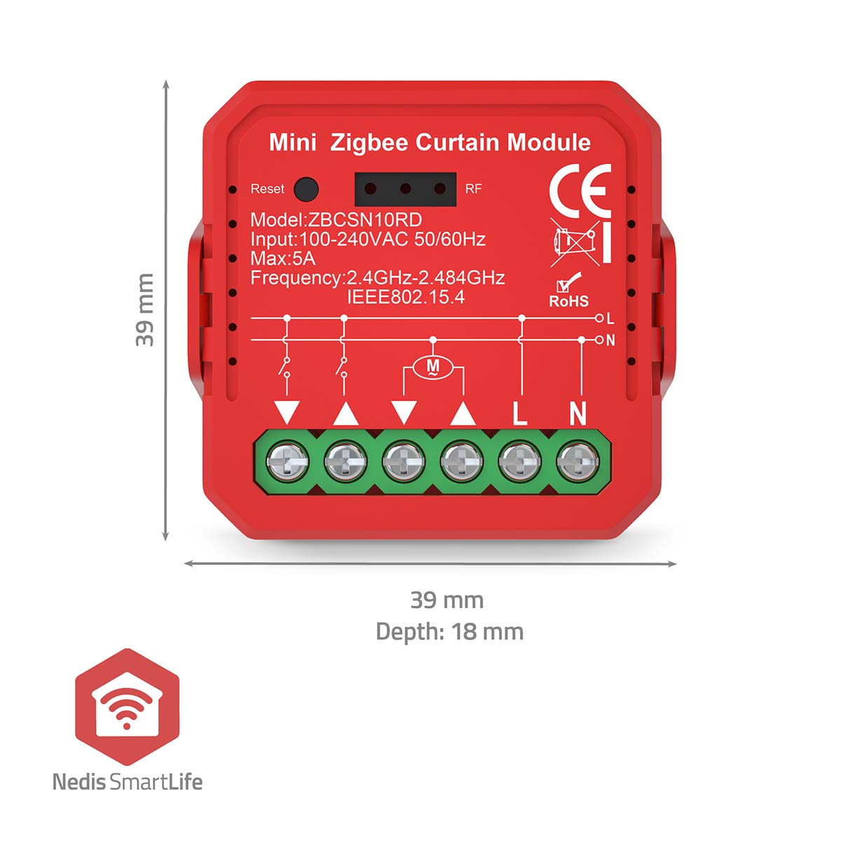 Rotes Mini Zigbee Vorhangmodul mit Abmessungen, elektrischem Schaltplan und Schraubklemmen unten.
