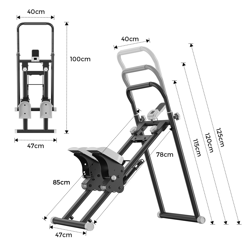 Máquina de fitness negra con dimensiones indicadas para altura, anchura y mango.