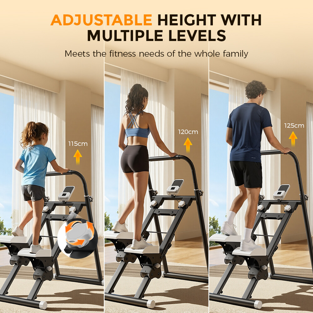 Tres paneles muestran una máquina stepper ajustable utilizada por un niño, una mujer y un hombre.