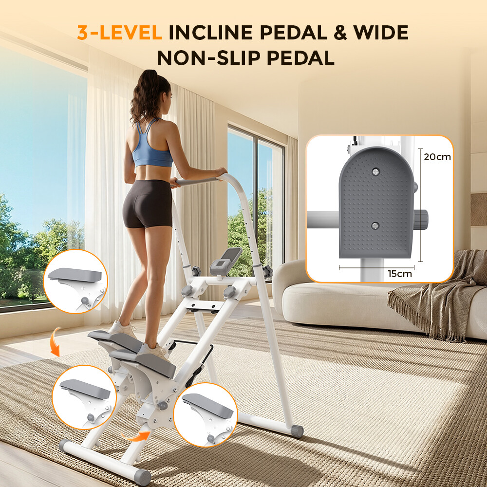 Una mujer en ropa deportiva usa un escalador con pedal de inclinación en una sala luminosa.