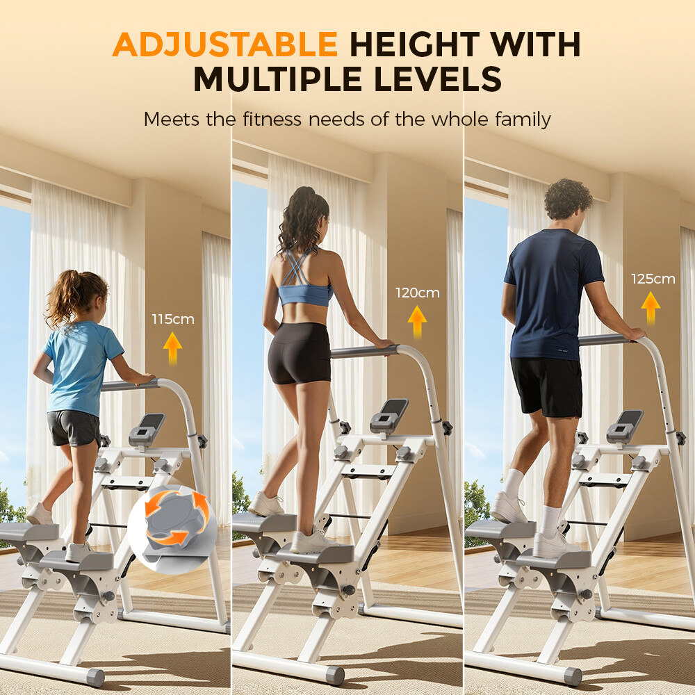 Un gráfico de tres partes muestra una máquina stepper ajustable utilizada por un niño, una mujer y un hombre.