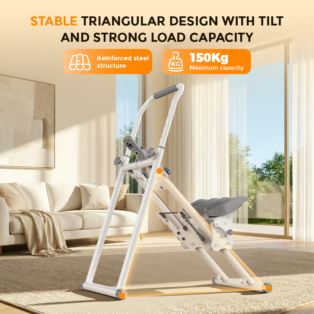 Máquina de ejercicio estable con diseño triangular y capacidad de 150 kg en una sala luminosa.