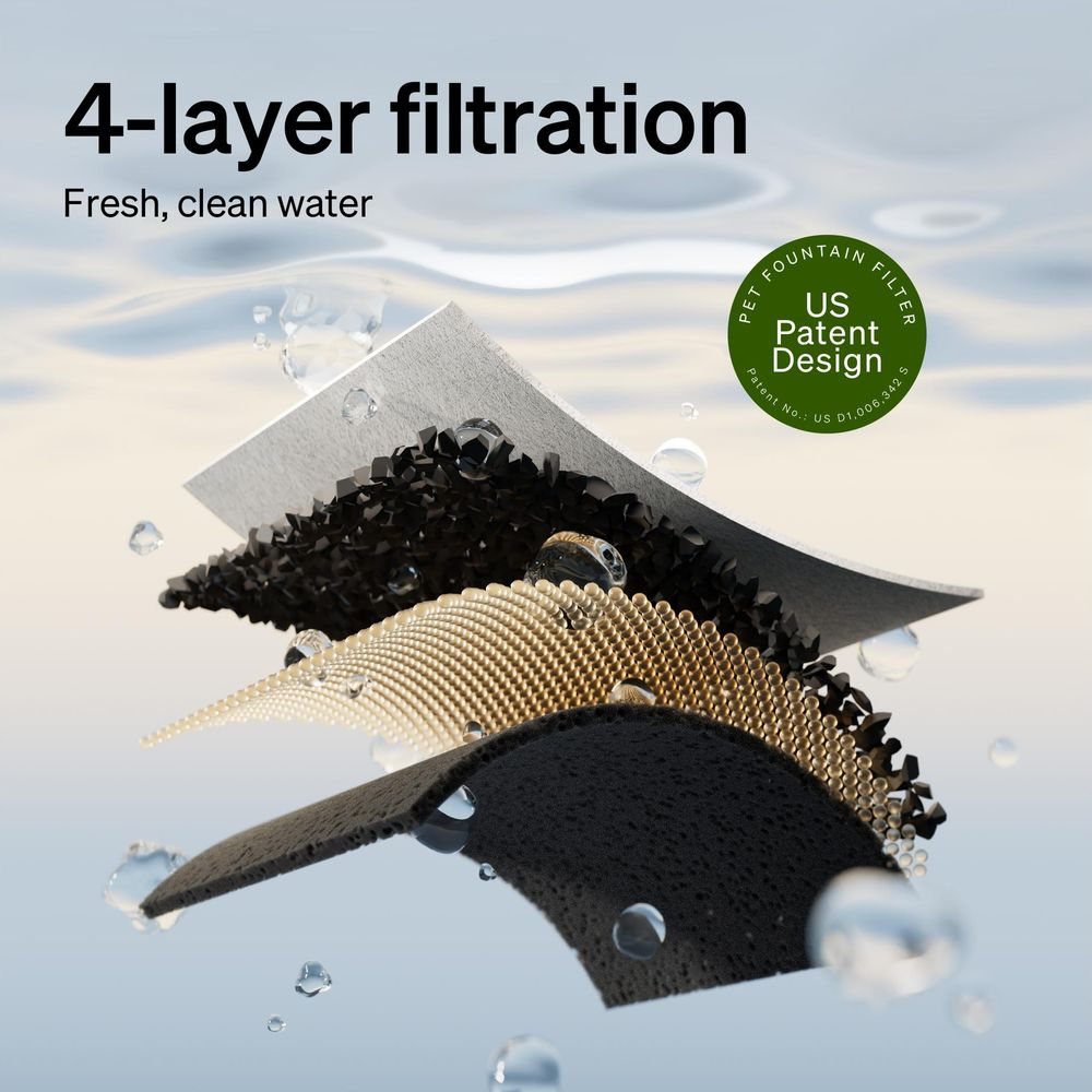 Diagramm zeigt eine vierlagige Filterung mit verschiedenen Materialien unter Wasser mit aufsteigenden Blasen.