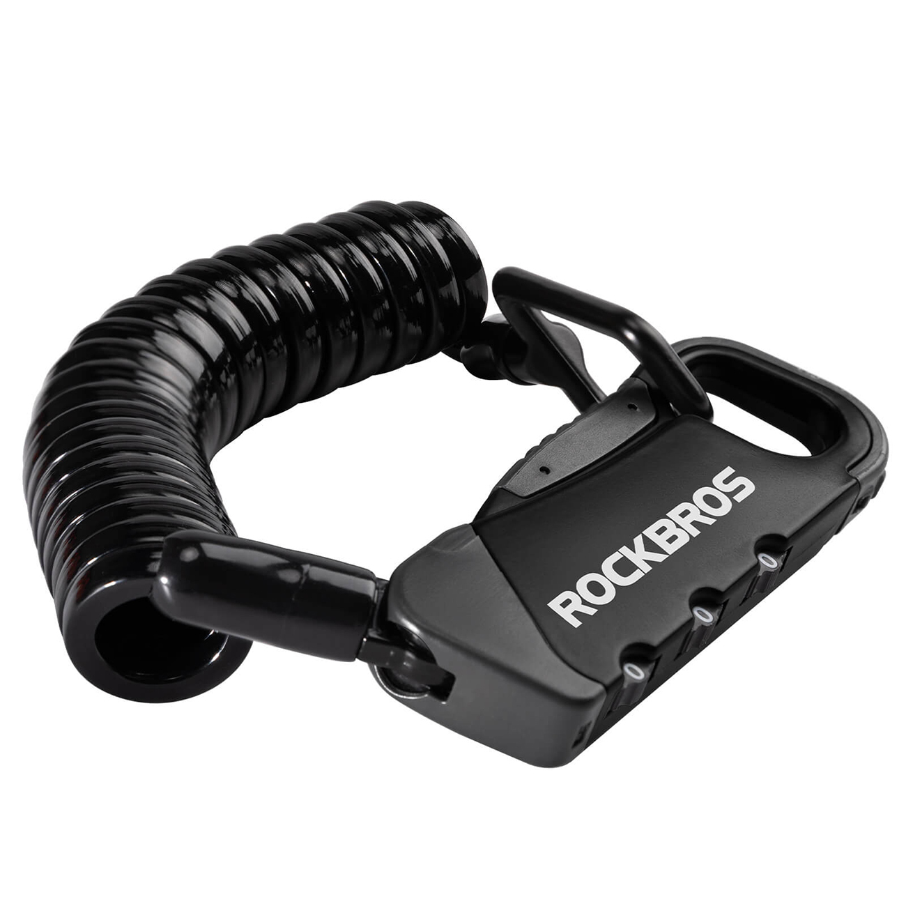 Ein schwarzes Spiralkabelschloss von RockBros mit Zahlencode auf weißem Hintergrund.