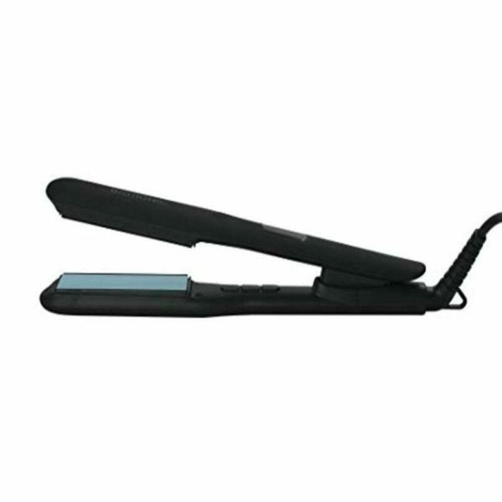 Una piastra per capelli nera con placche in ceramica blu e cavo di alimentazione.