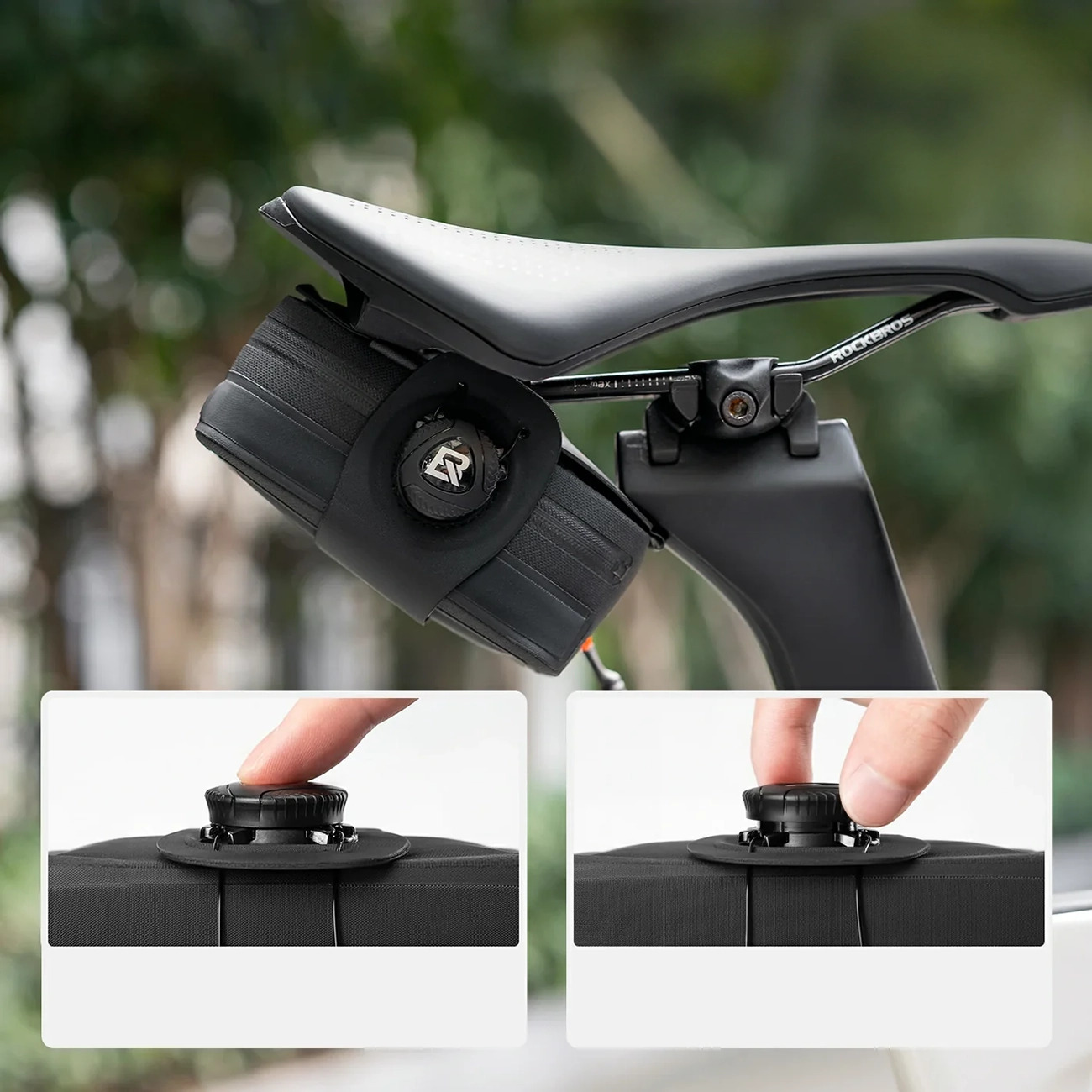Borsello da sella per bicicletta nero con sistema di bloccaggio sotto la sella, con primi piani sul funzionamento.