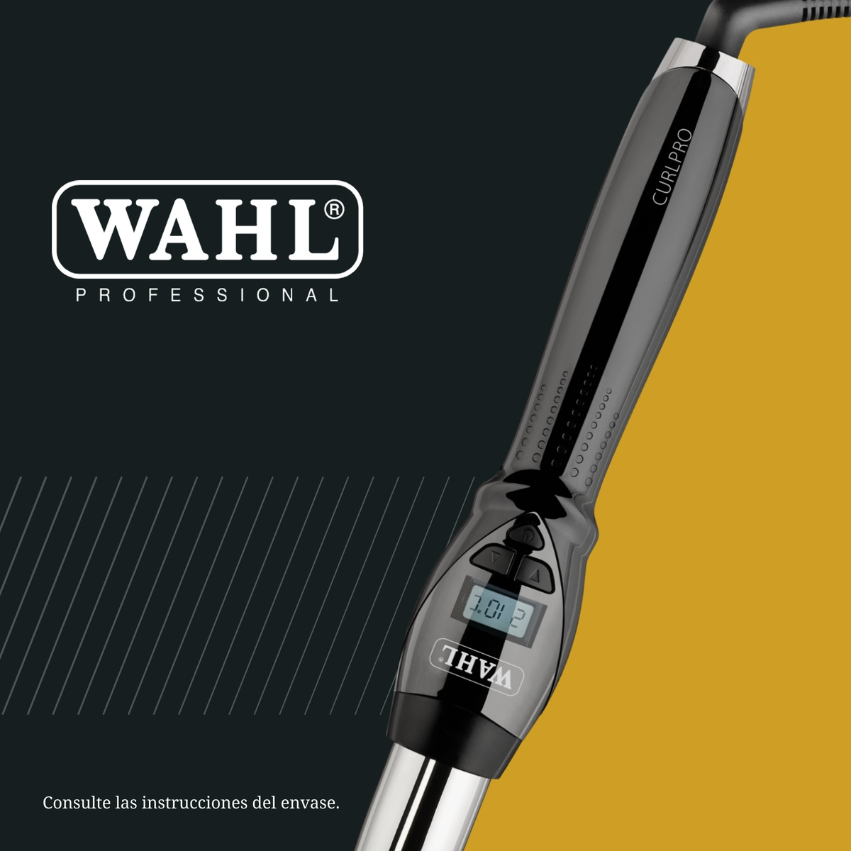 Wahl CurlPro Haarglätter in Schwarz mit digitaler Anzeige und Markenlogo auf dunklem und goldenem Hintergrund.