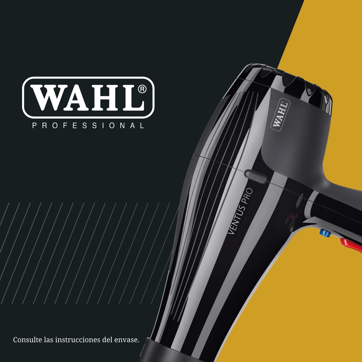 Schwarzer Wahl Ventus Pro Haartrockner vor schwarz-gelbem Hintergrund mit weißem Logo.