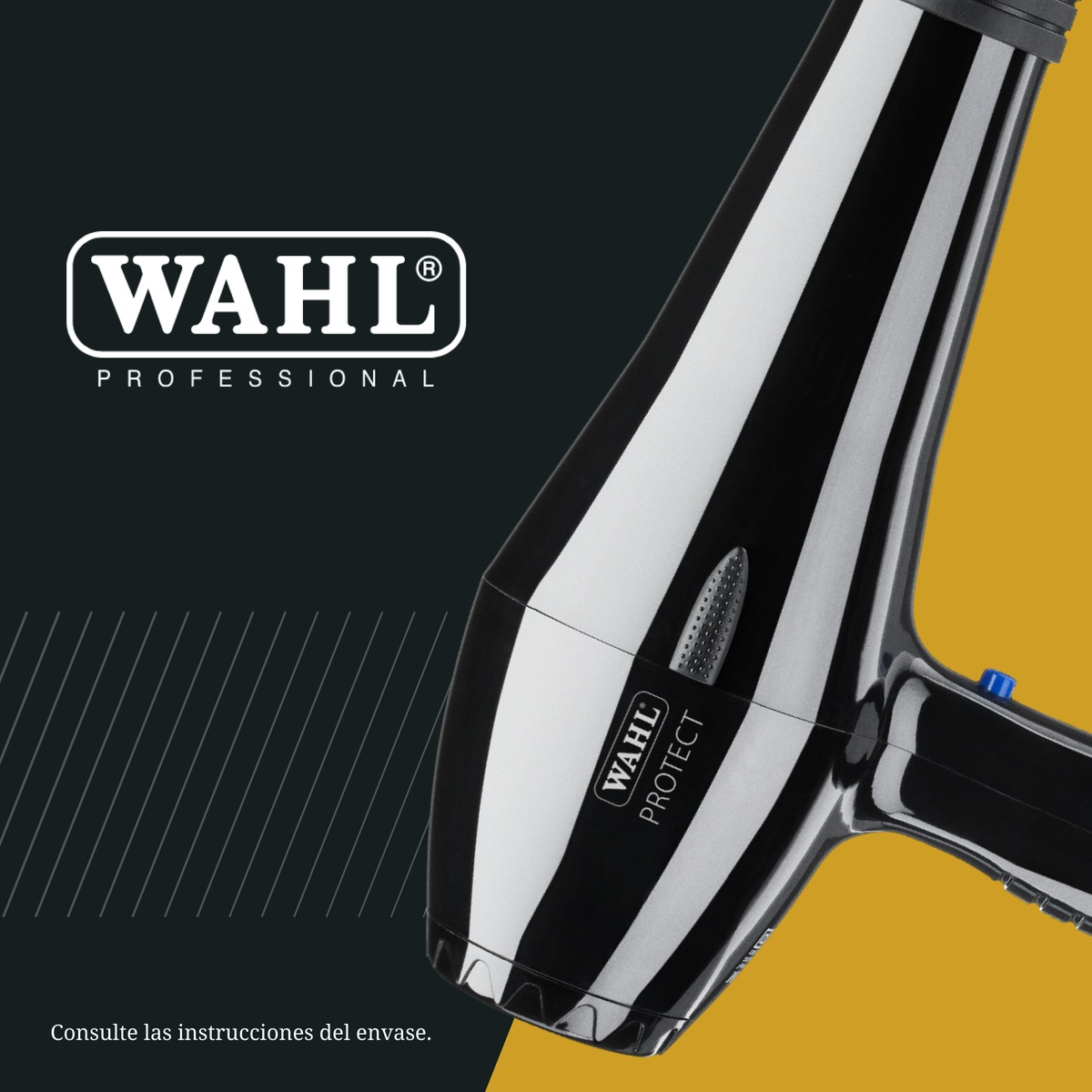 Ein glänzender schwarzer Wahl Protect Haartrockner vor einem schwarz-gelben Hintergrund mit weißem Logo.