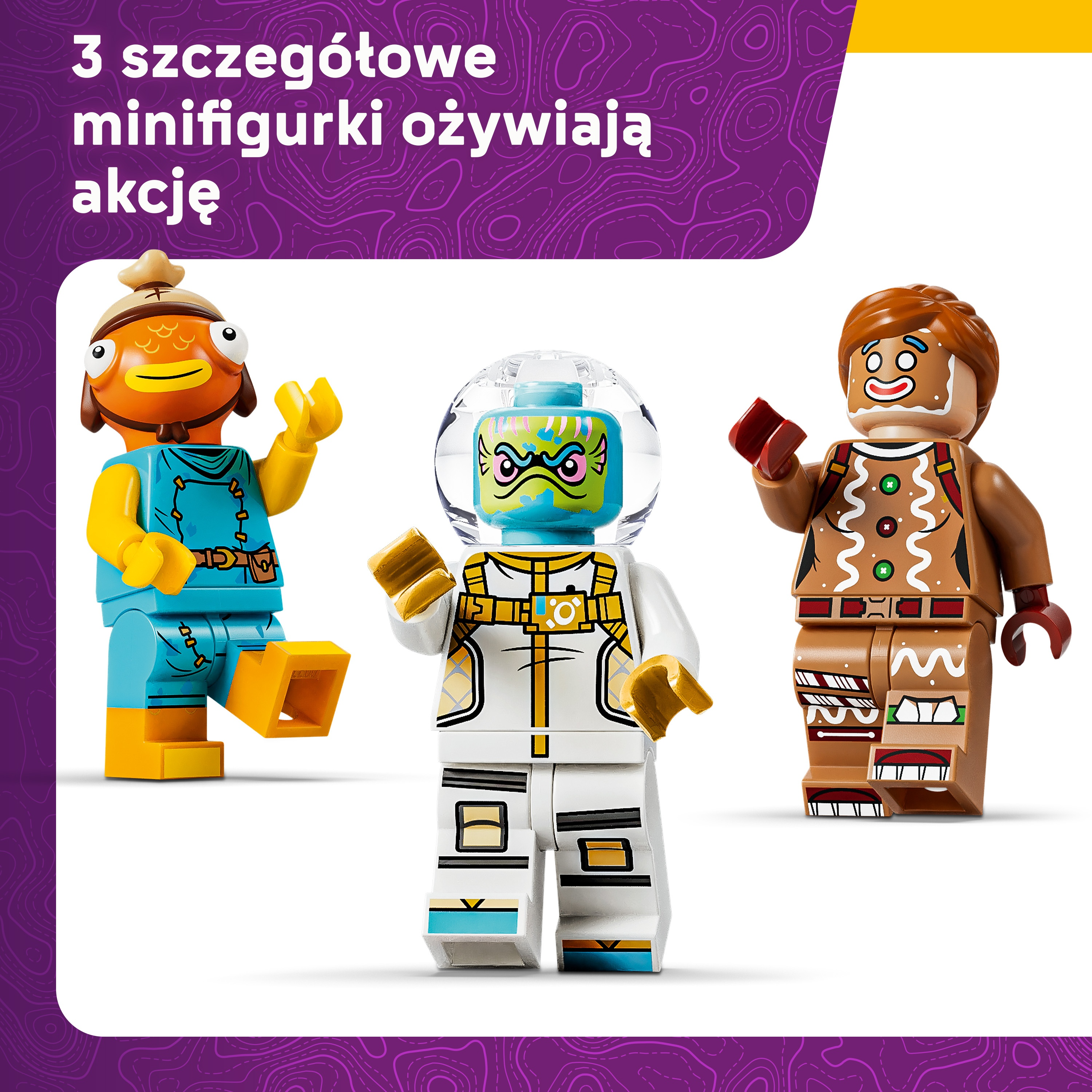 Tres minifiguras de Lego: un personaje con cabeza de pez, un astronauta y un hombre de jengibre.