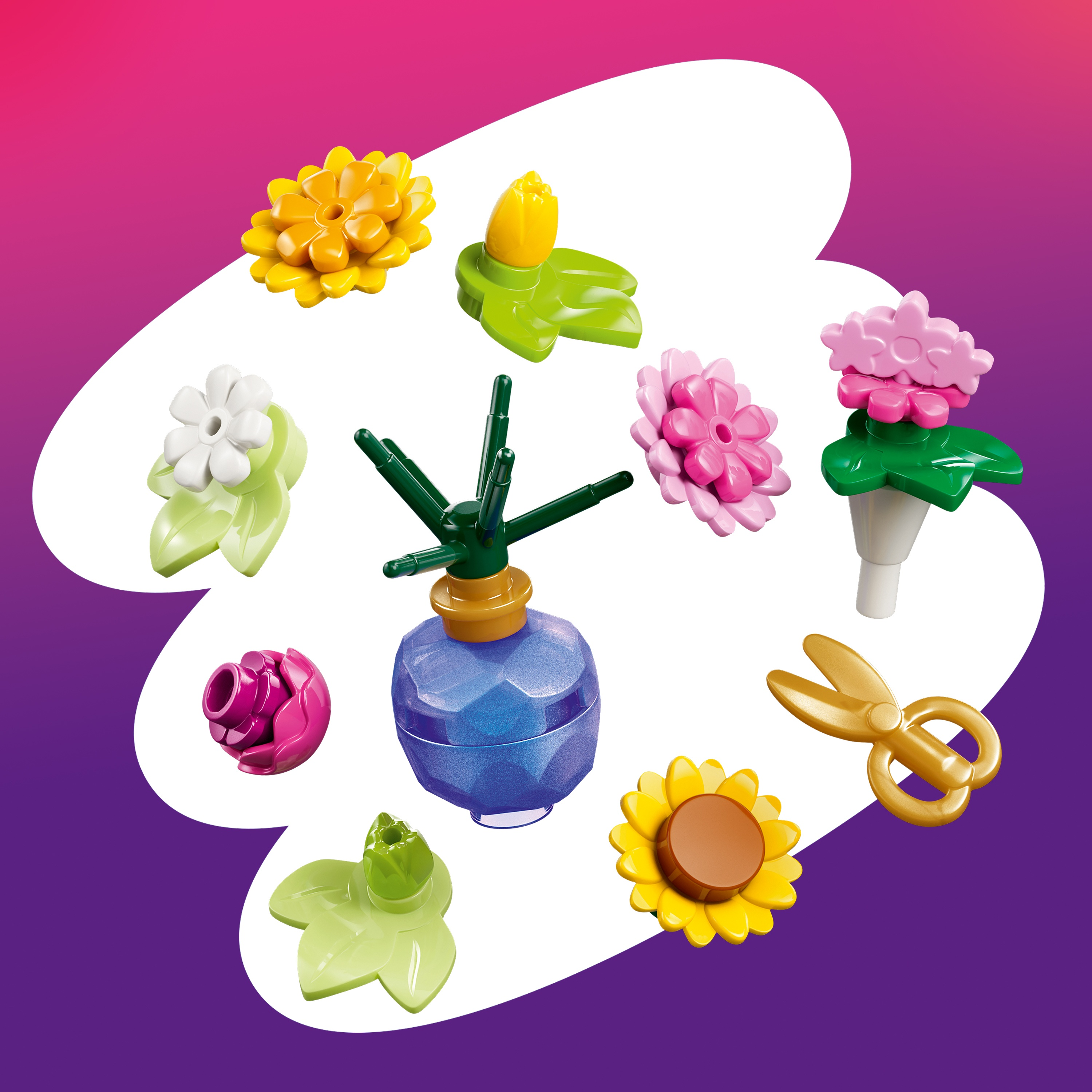 Coloridas flores de juguete Lego y tijeras sobre fondo blanco y rosa-morado.