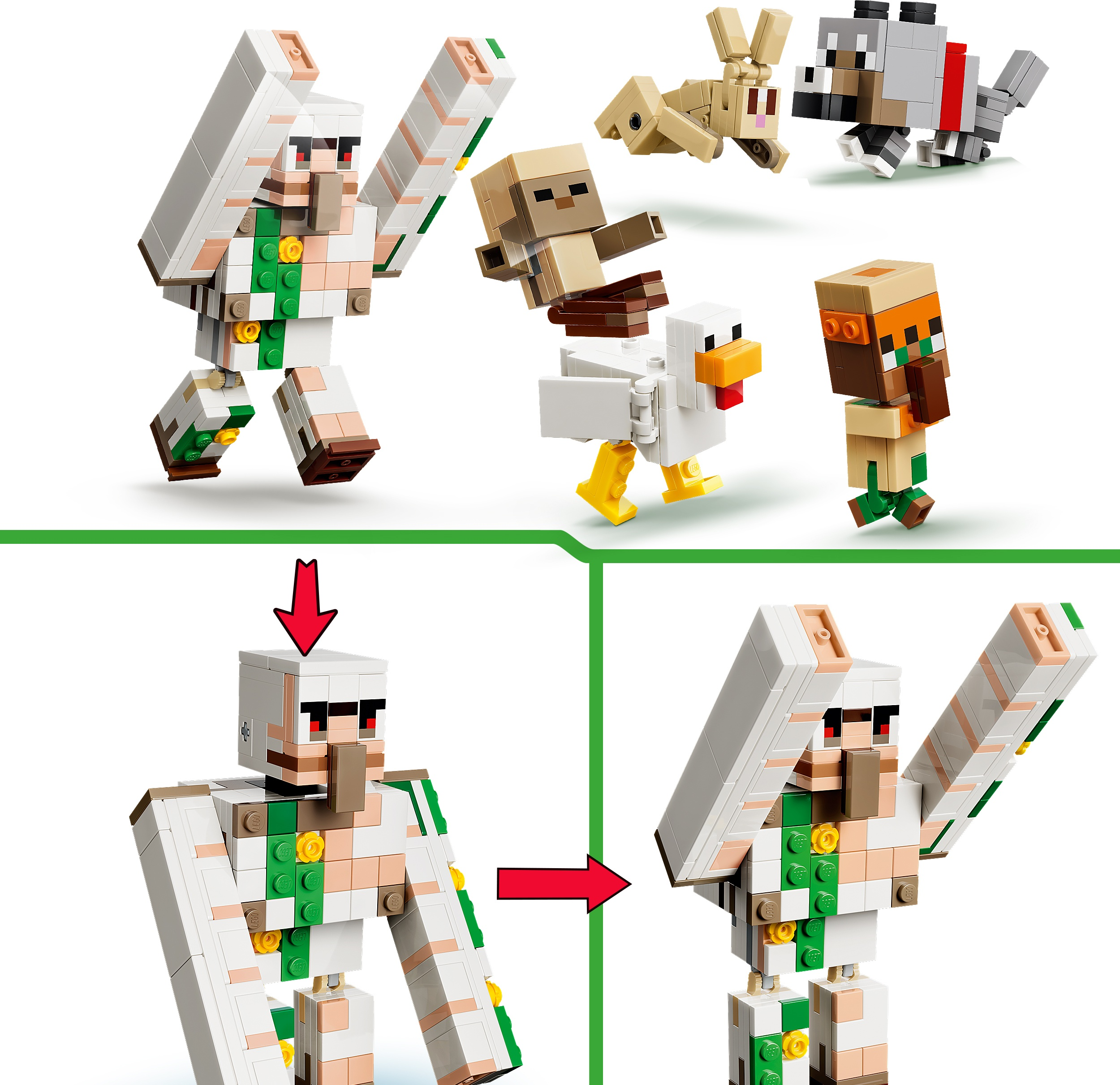 Demir golem, tavuk üstünde küçük figür, tavşan, kurt ve köylü dahil olmak üzere Minecraft Lego figürleri.
