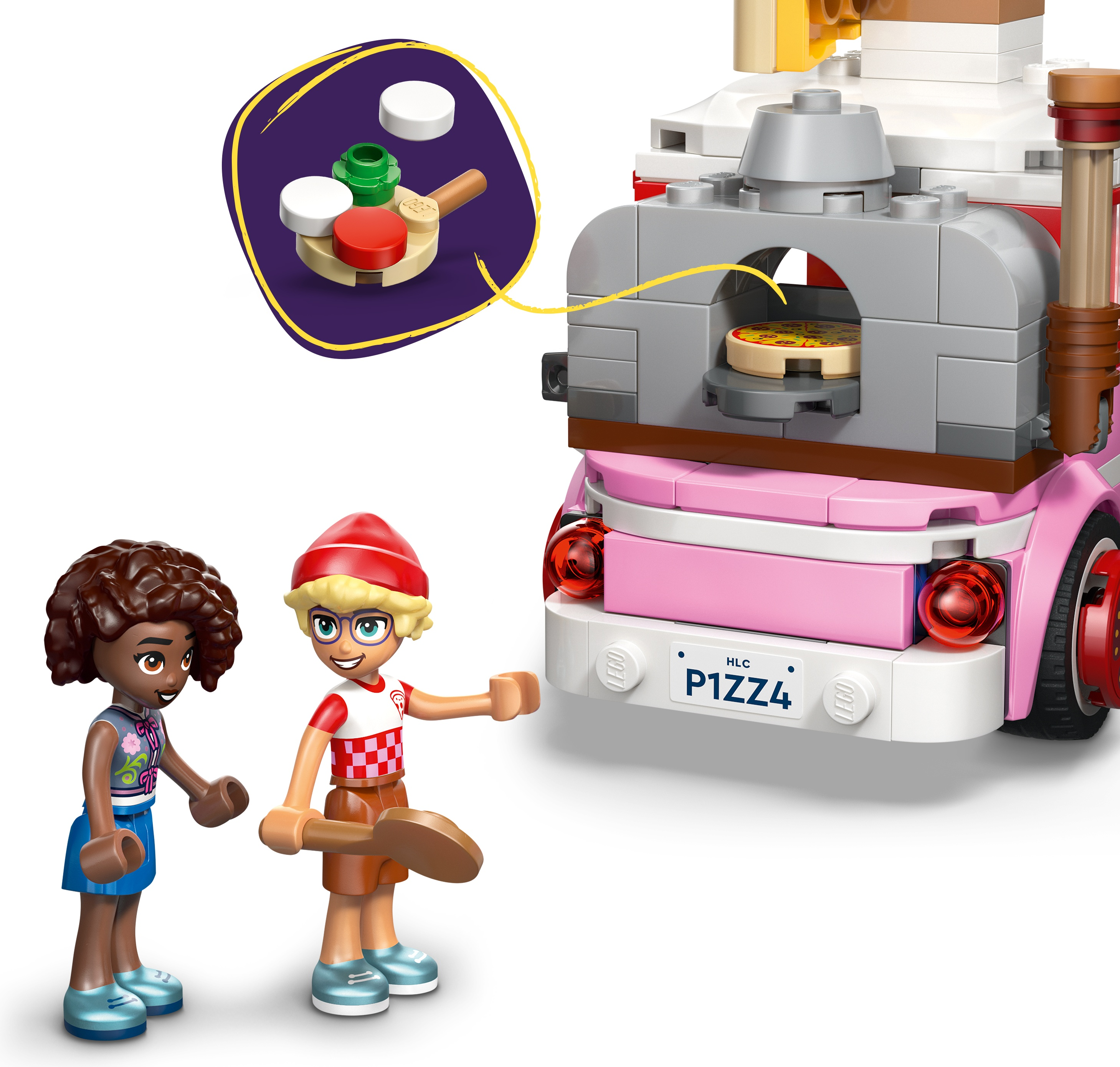 Minifiguras de Lego preparan una pizza junto a una furgoneta rosa, con un detalle de los pasos.