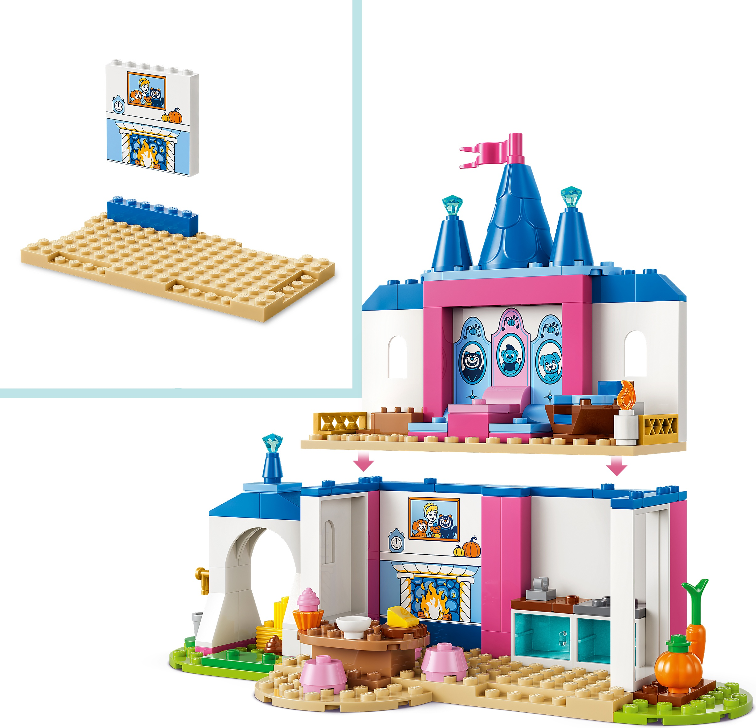 Un colorido juego de castillo de Lego con dos niveles, techos azules, paredes rosas, muebles y chimenea.