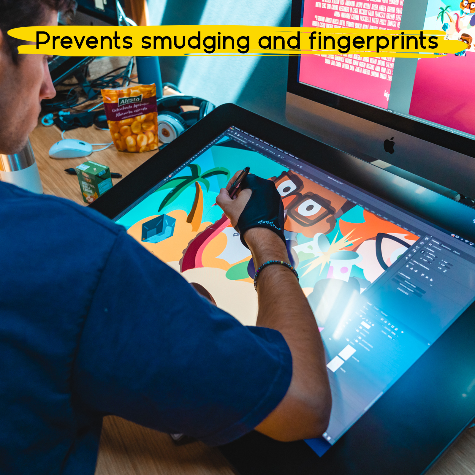 Un artista con guante de dibujo usa un lápiz en una tableta gráfica, dibujando una ilustración digital.