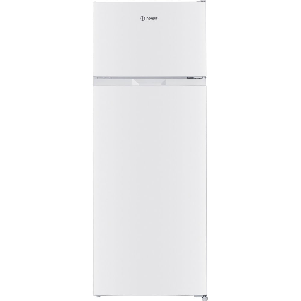 Un frigorifero bianco Indesit con congelatore superiore su sfondo bianco.