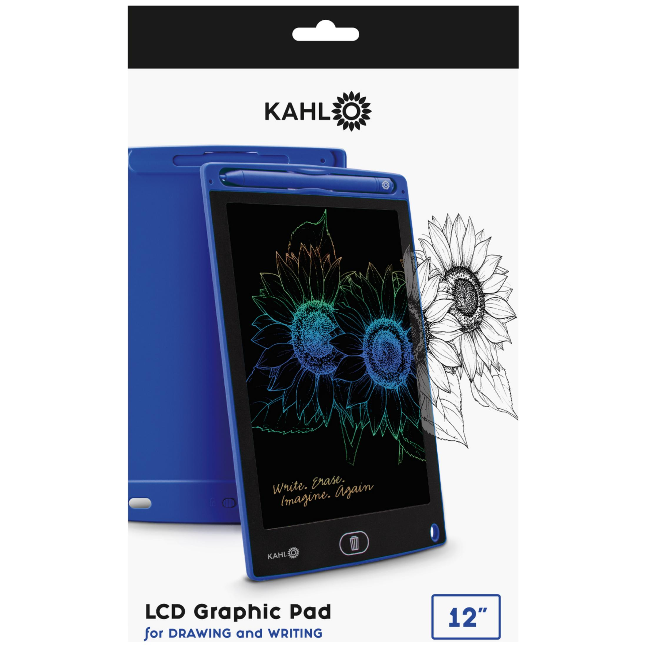 Tableta gráfica LCD azul de 12 pulgadas en envase con girasoles.