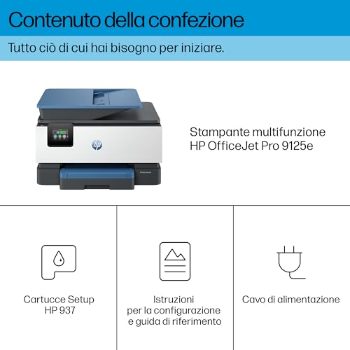 Stampante HP OfficeJet Pro 9125e con cartucce, manuale e cavo di alimentazione.