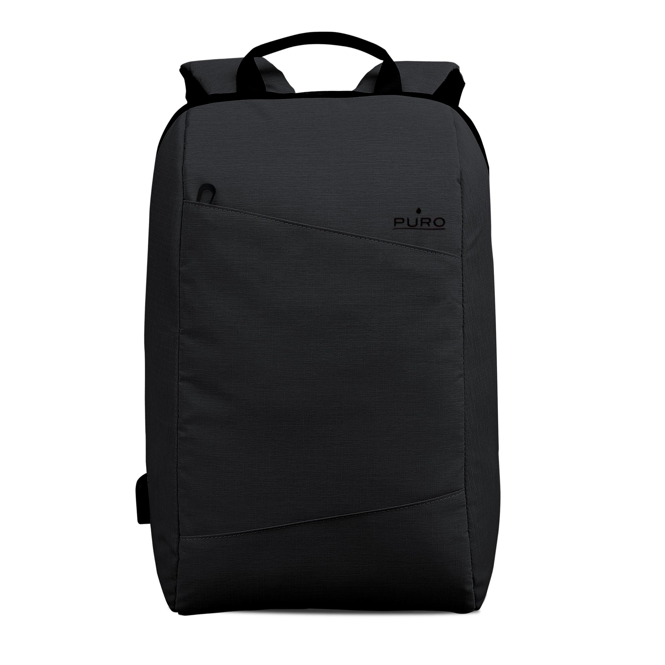 Semplice zaino nero PURO con tasca frontale con zip e maniglia superiore su sfondo bianco.