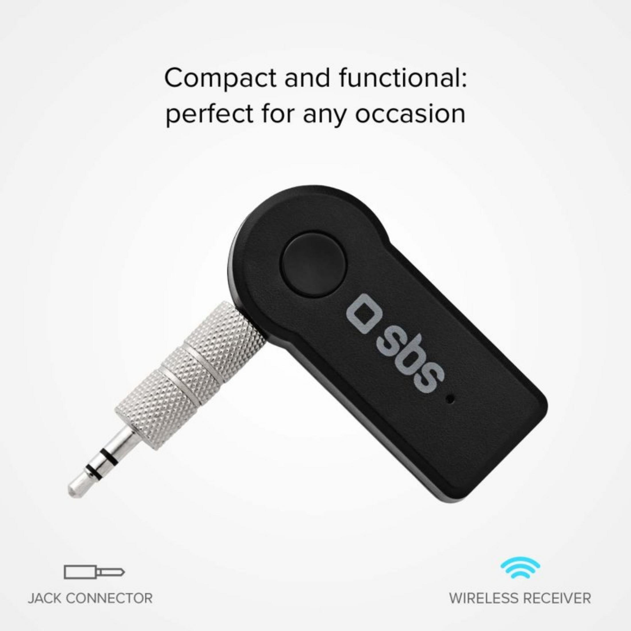 Un ricevitore wireless nero con connettore jack e logo SBS su sfondo bianco.