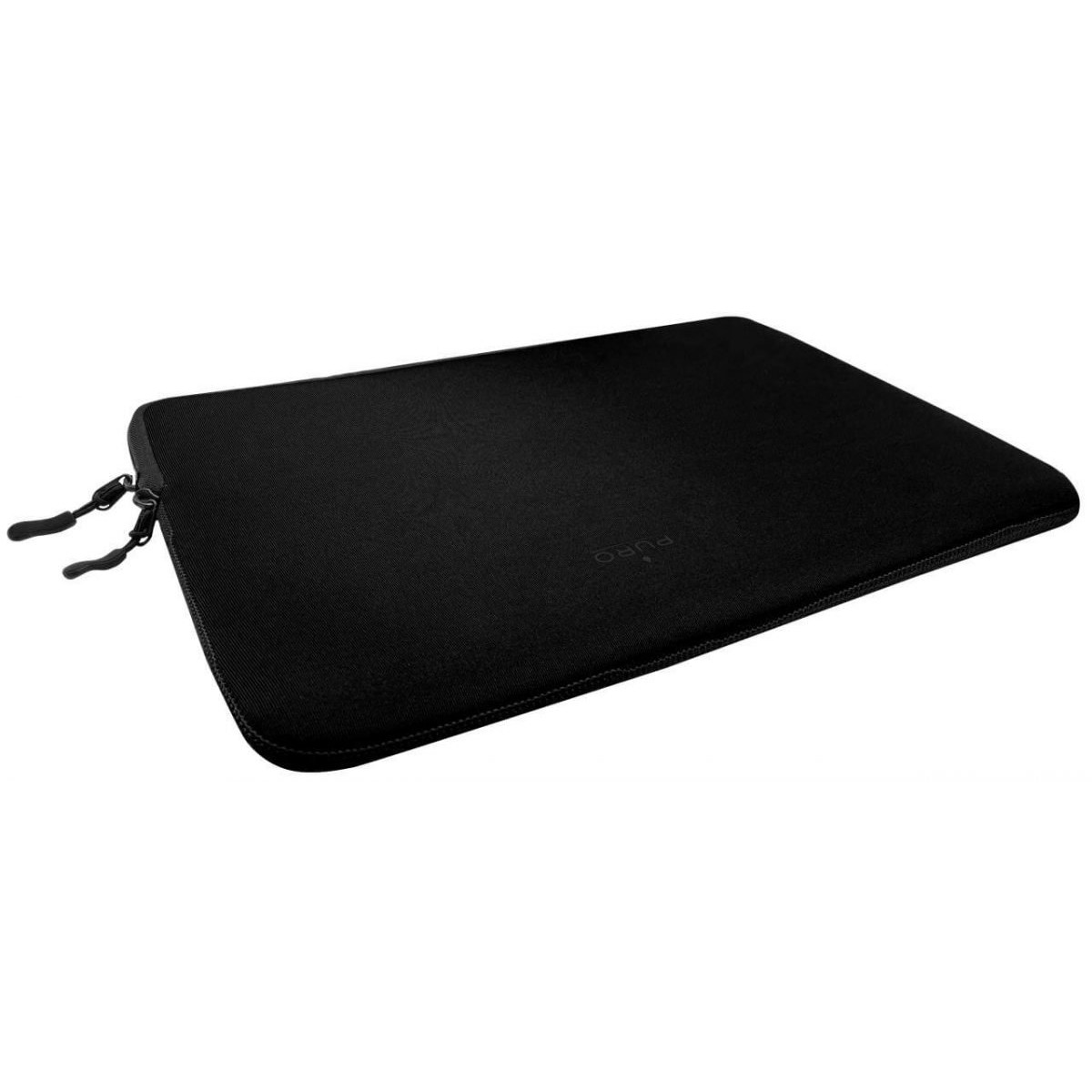 Una funda negra para portátil con cremallera sobre fondo blanco.
