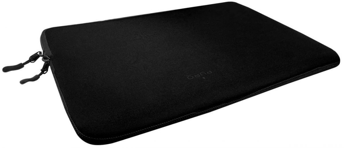 Funda negra para portátil con dos tiradores de cremallera sobre fondo blanco.