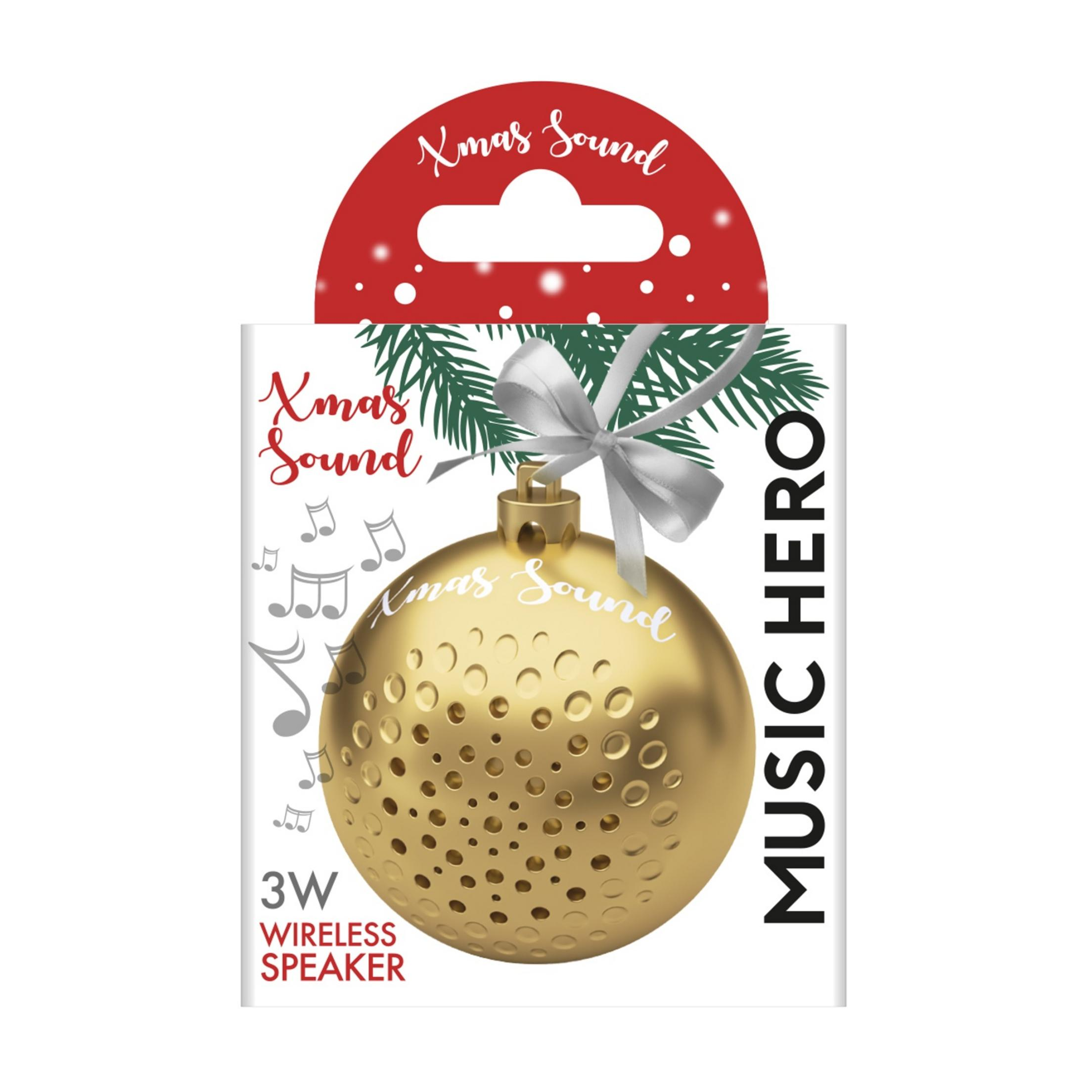 Altoparlante wireless dorato a forma di pallina di Natale con nastro bianco.