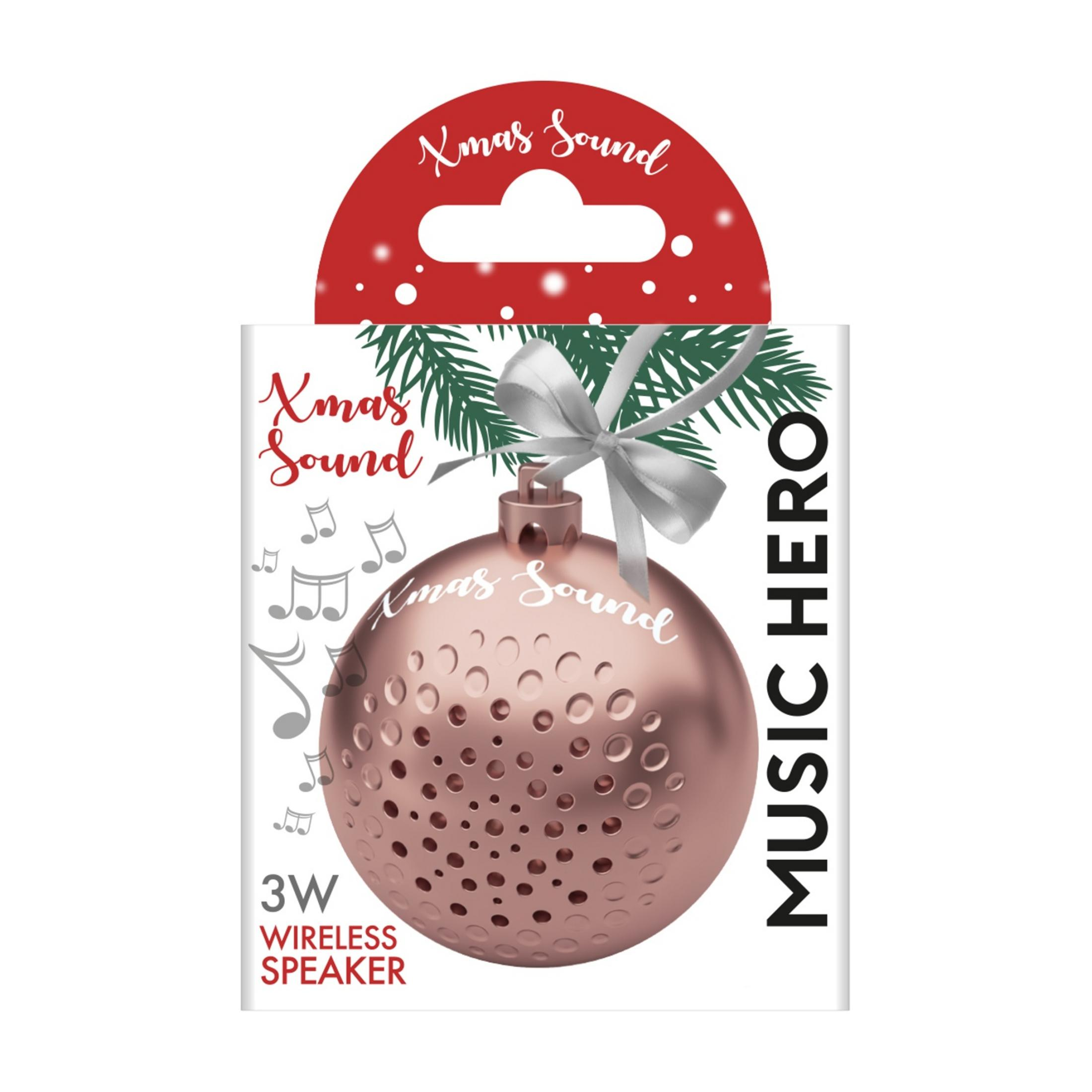 Confezione per altoparlante wireless a forma di pallina di Natale oro rosa con nastro bianco e rami.