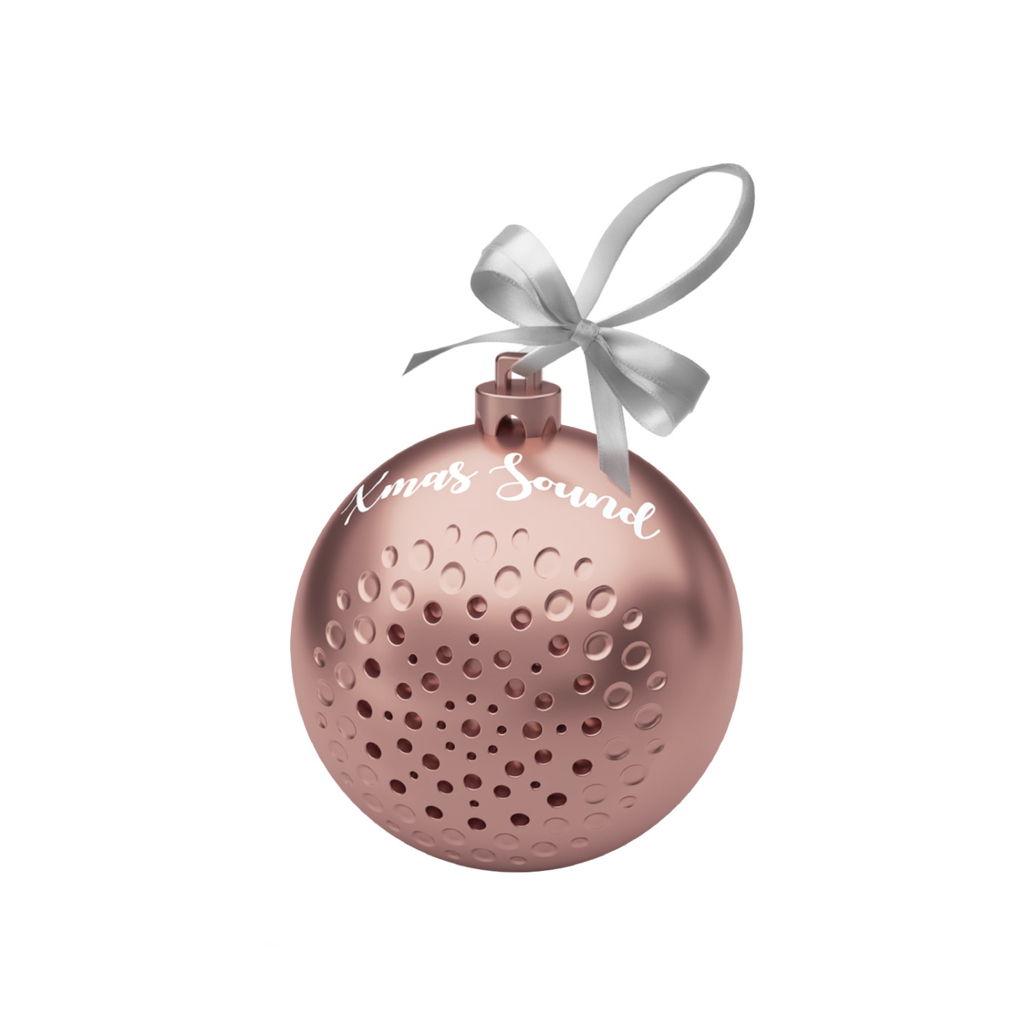 Un ornamento natalizio in oro rosa con fori per altoparlanti e un nastro argentato.