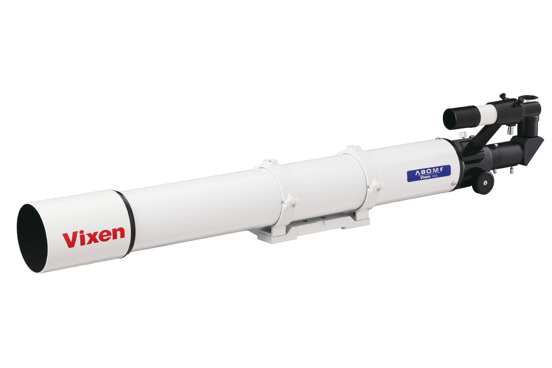 Un telescopio Vixen blanco con un logotipo rojo sobre fondo blanco.