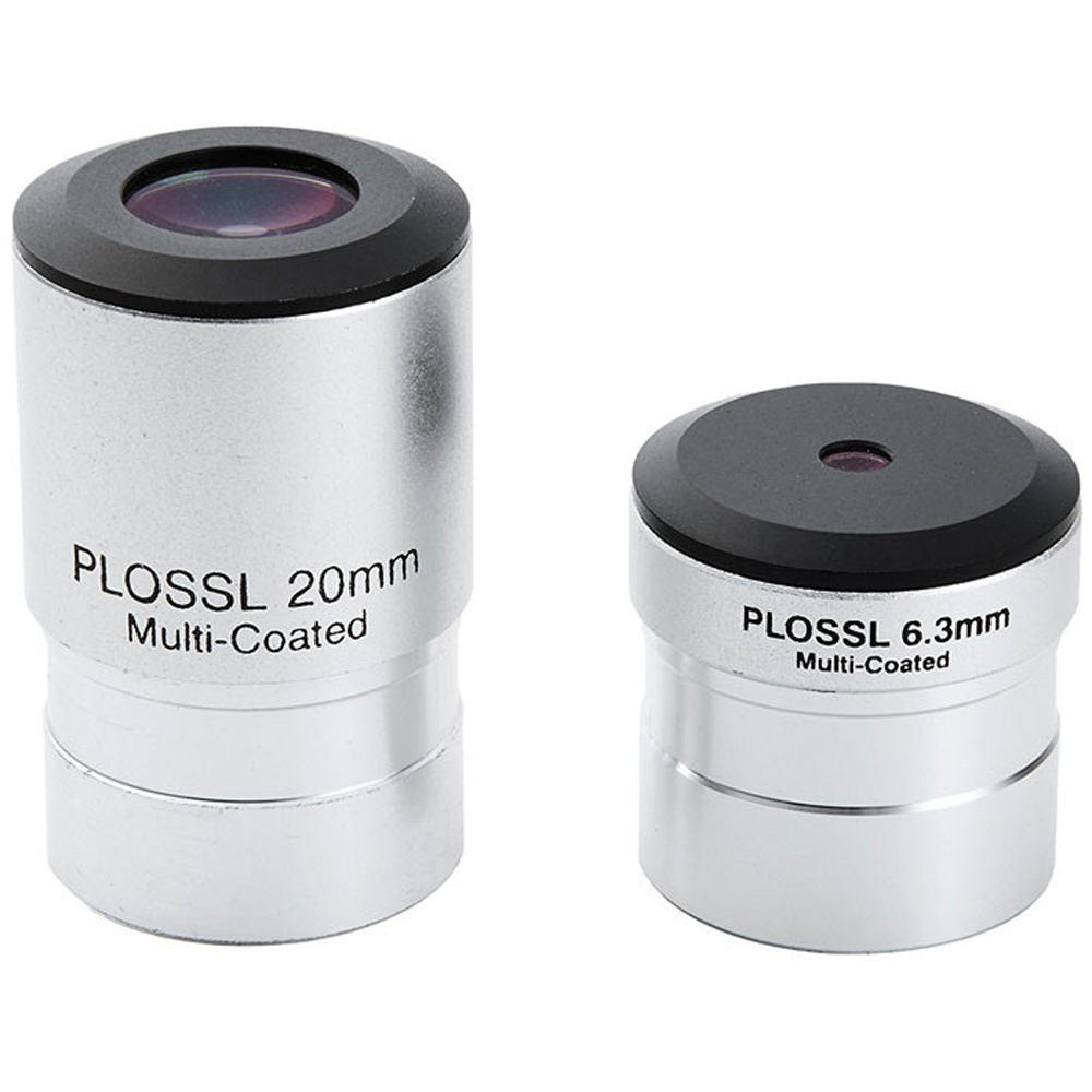 Dos oculares de telescopio Plössl plateados con revestimiento múltiple, de 20 mm y 6,3 mm.