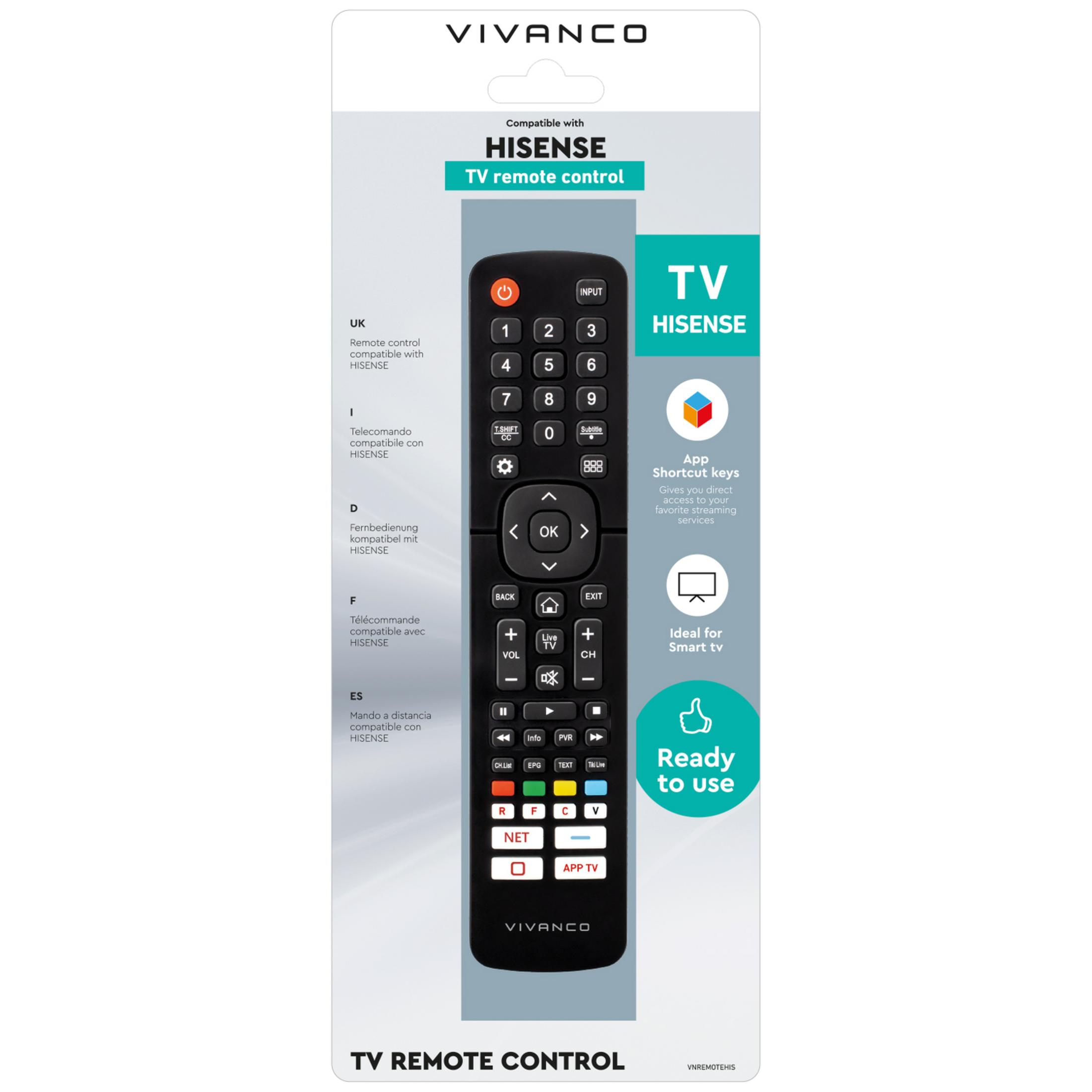 Telecomando TV Vivanco in confezione, compatibile con TV Hisense.