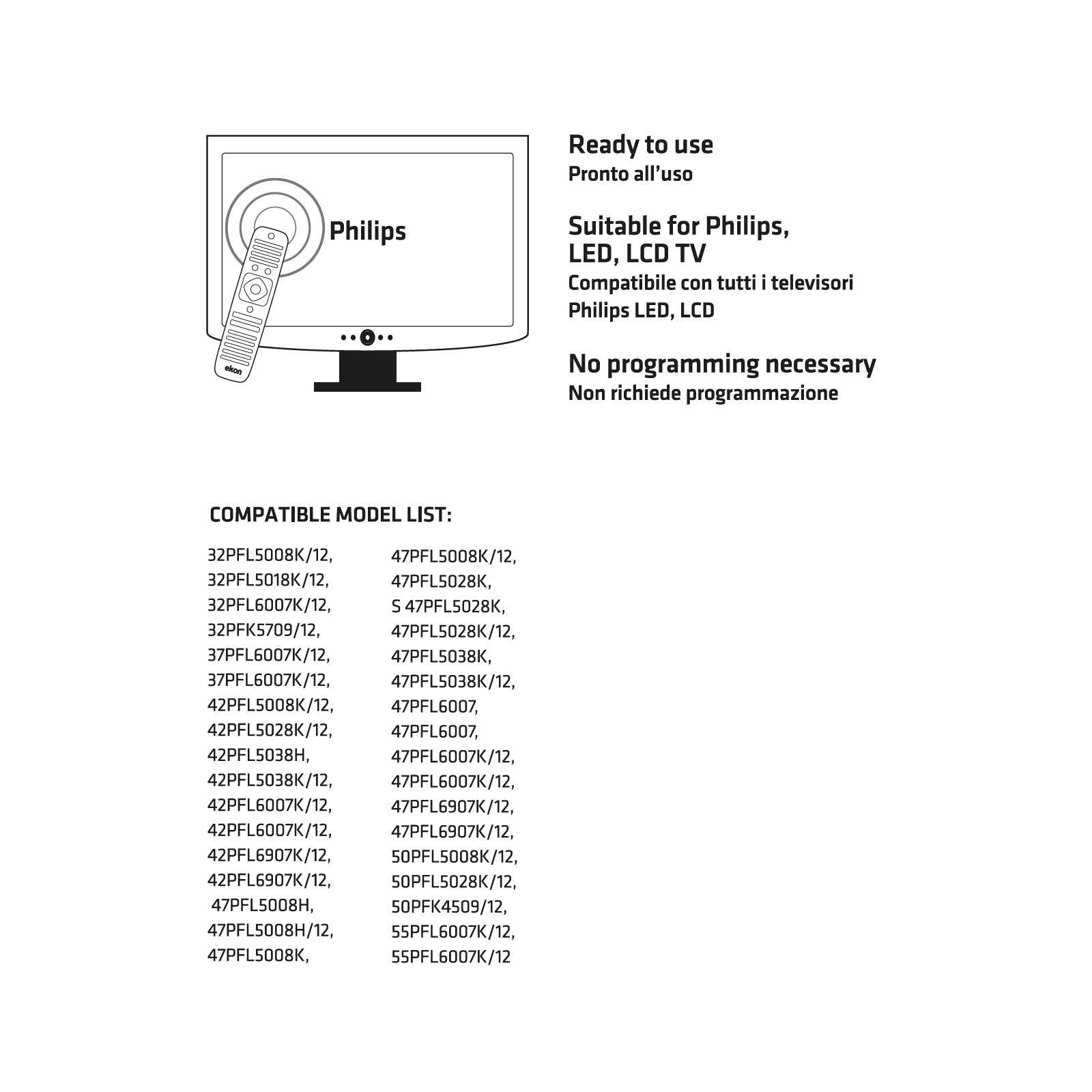 Informazioni sul prodotto per un telecomando Philips con modelli TV compatibili e testo in inglese e italiano.