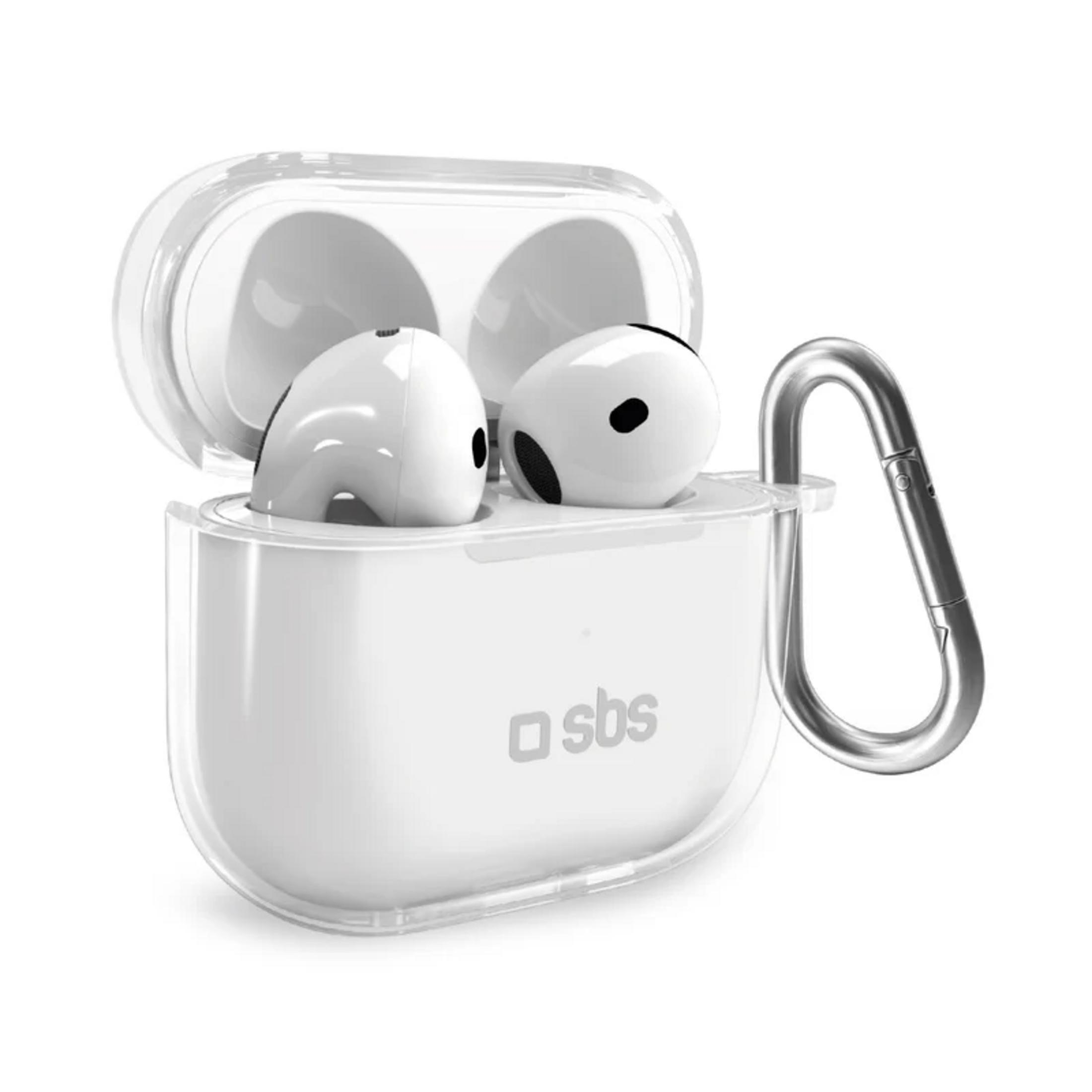 Auriculares blancos en estuche transparente abierto con mosquetón plateado sobre fondo blanco.