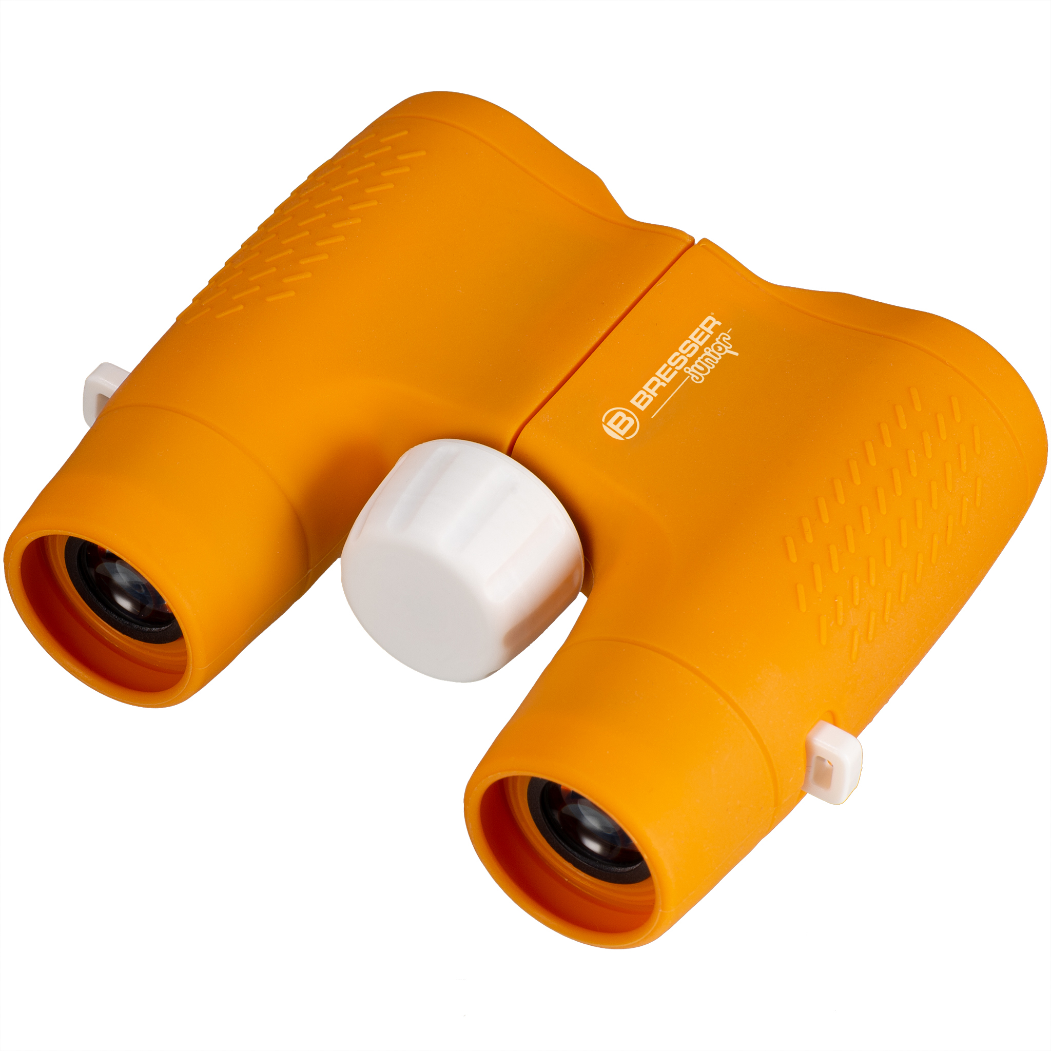 Binocolo per bambini Bresser arancione con rotella di messa a fuoco bianca.