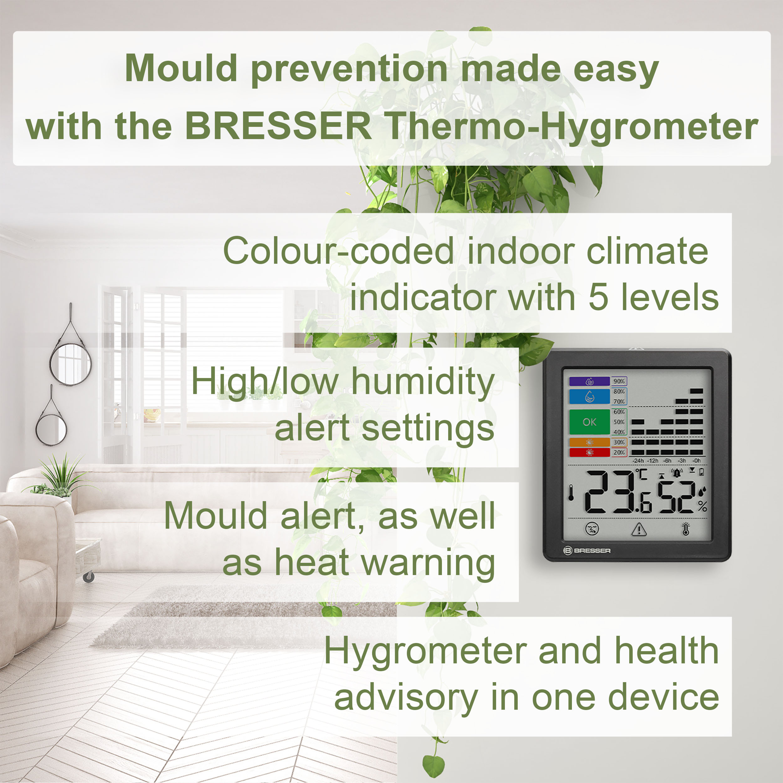 Bresser Thermo-Hygrometer mit Feuchtigkeitsanzeige vor einem hellen Wohnzimmer.