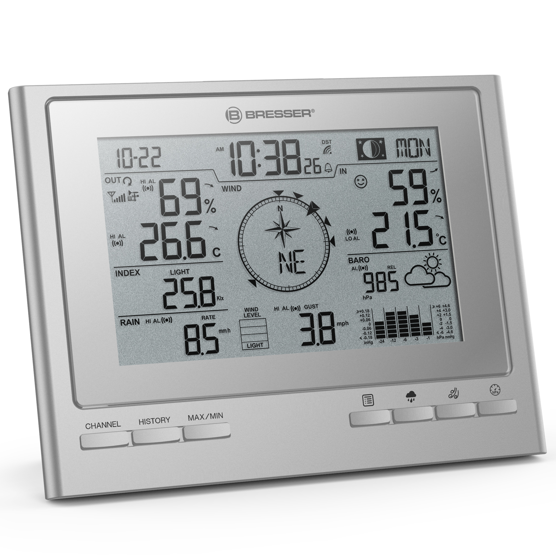 Silberne Bresser-Wetterstation mit digitalem LCD-Bildschirm zeigt Zeit, Temperatur, Wind und Luftdruck an.