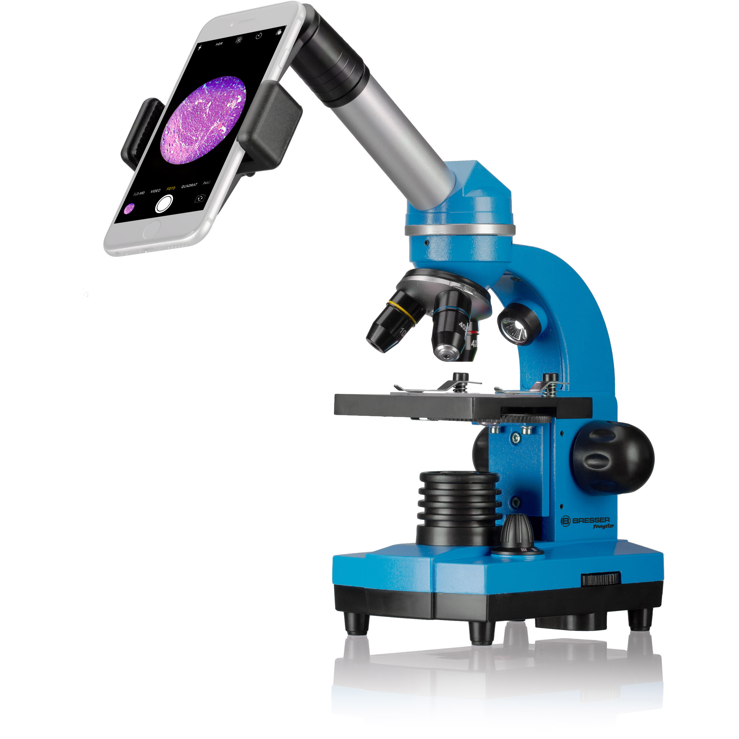Ein blaues Mikroskop mit Smartphone-Halterung zeigt eine rosa Zellprobe auf dem Bildschirm.