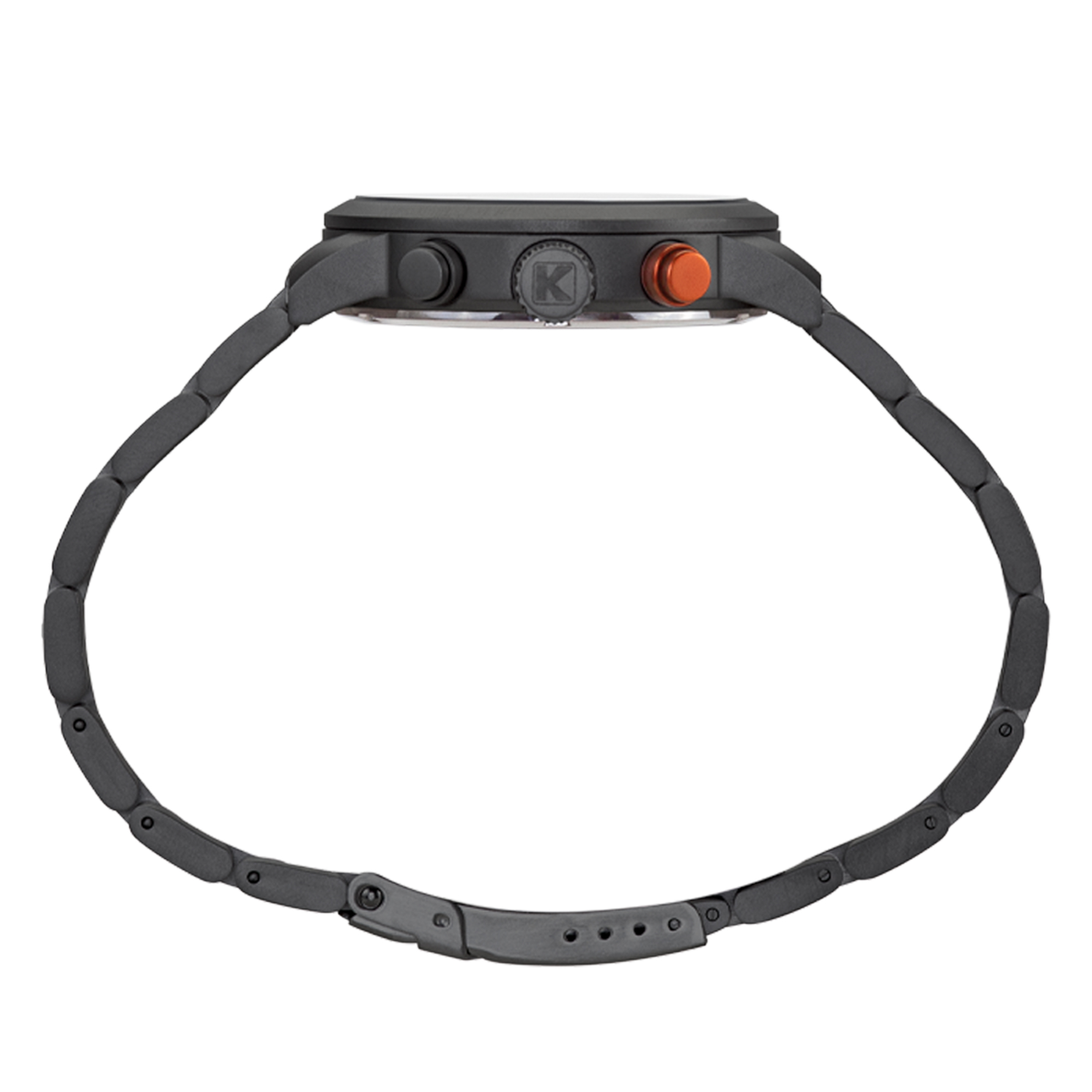 Seitenansicht einer schwarzen Uhr mit Gliederarmband und einem orangefarbenen Knopf.