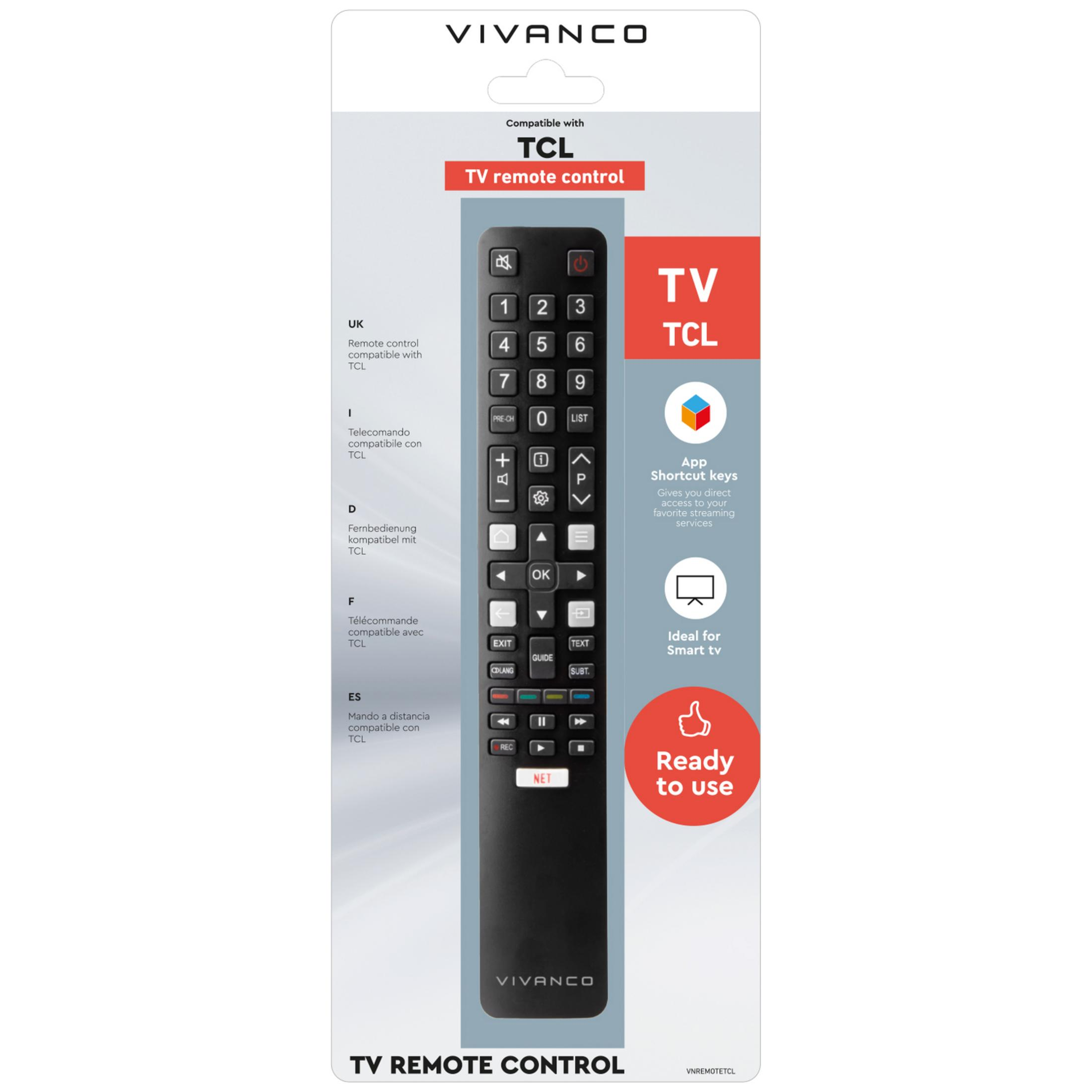 Telecomando TV Vivanco per TCL in confezione con tasti di scelta rapida per app e compatibilità Smart TV.