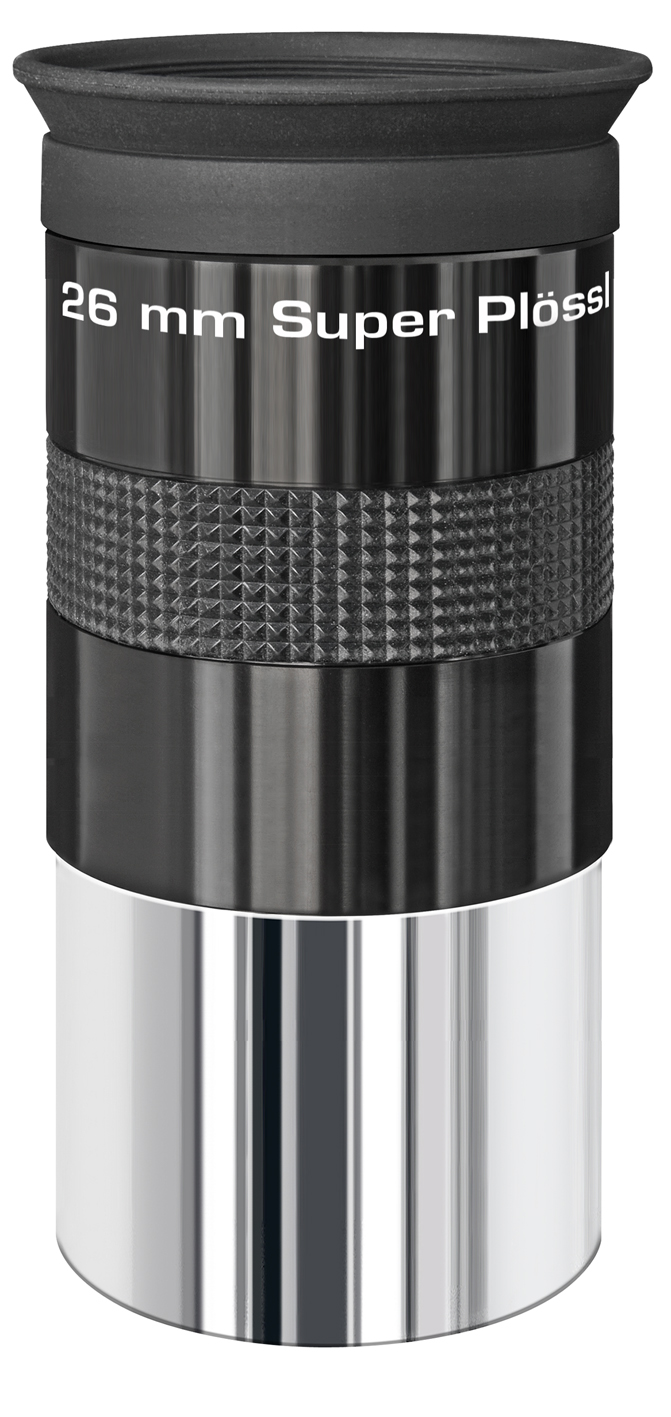 Un ocular de telescopio negro con el texto 26 mm Super Plössl y un cilindro plateado.