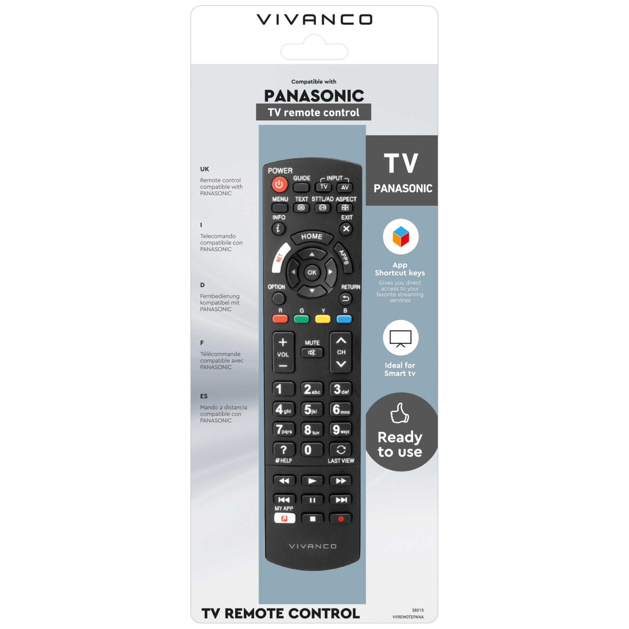 Telecomando Vivanco in confezione, compatibile con TV Panasonic.