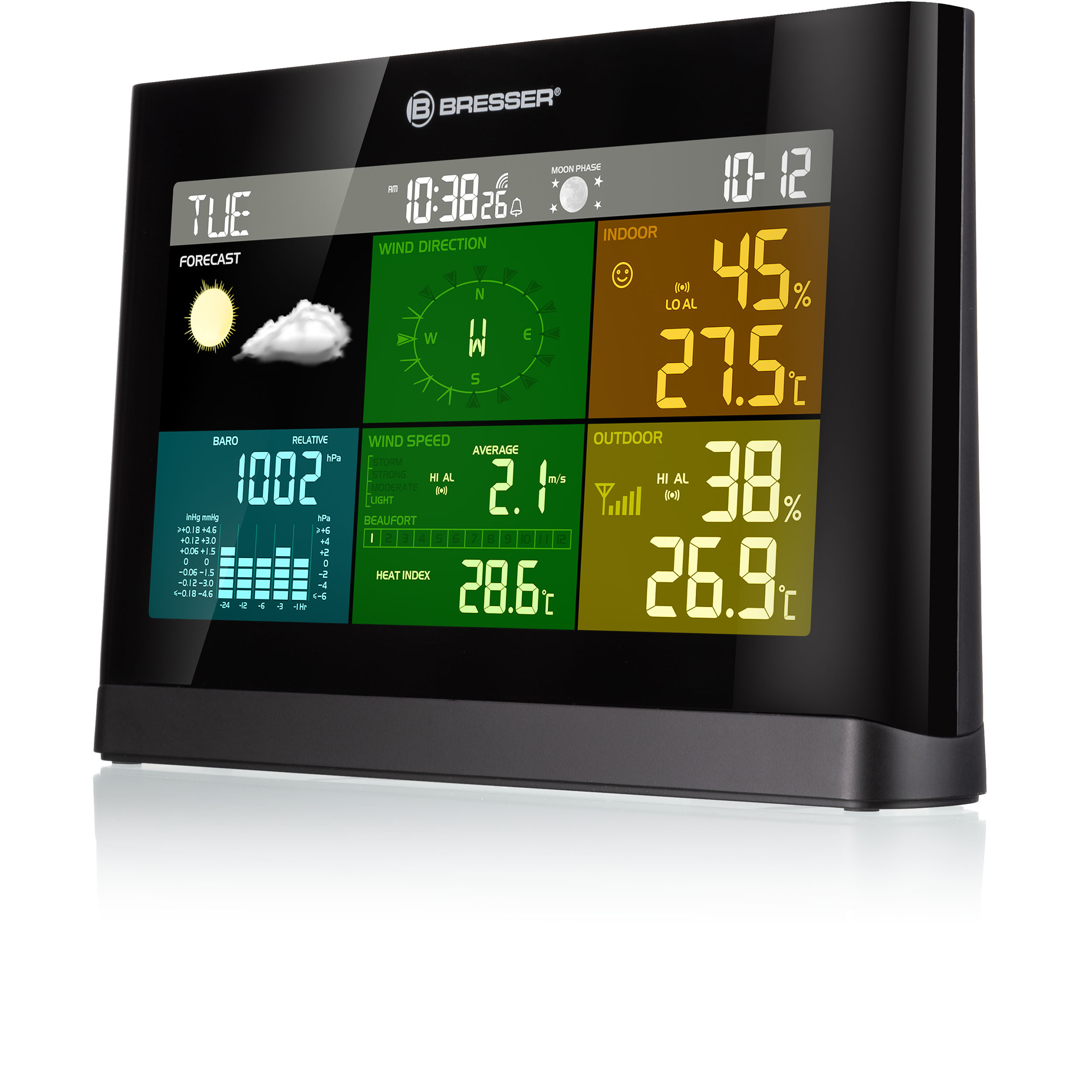 Eine schwarze Bresser Wetterstation zeigt Innen- und Aussentemperatur, Luftfeuchtigkeit, Wind und Barometerdaten.