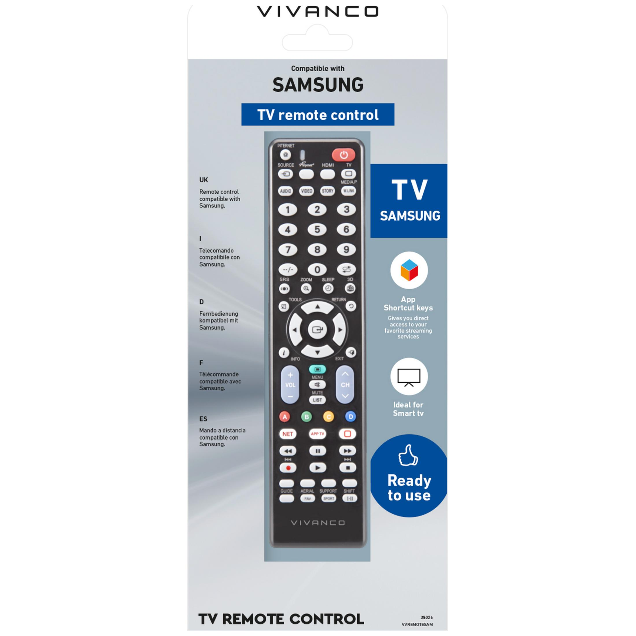 Telecomando TV Vivanco in confezione, compatibile con Samsung.