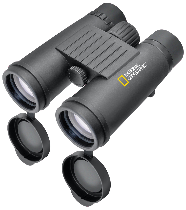 Binocolo nero National Geographic con copriobiettivi aperti su sfondo bianco.