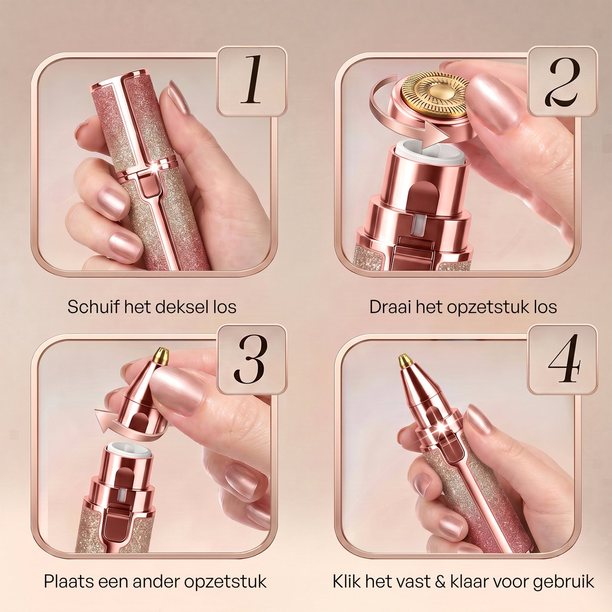 Four-step guide on how to use the rose gold hair remover with interchangeable heads.