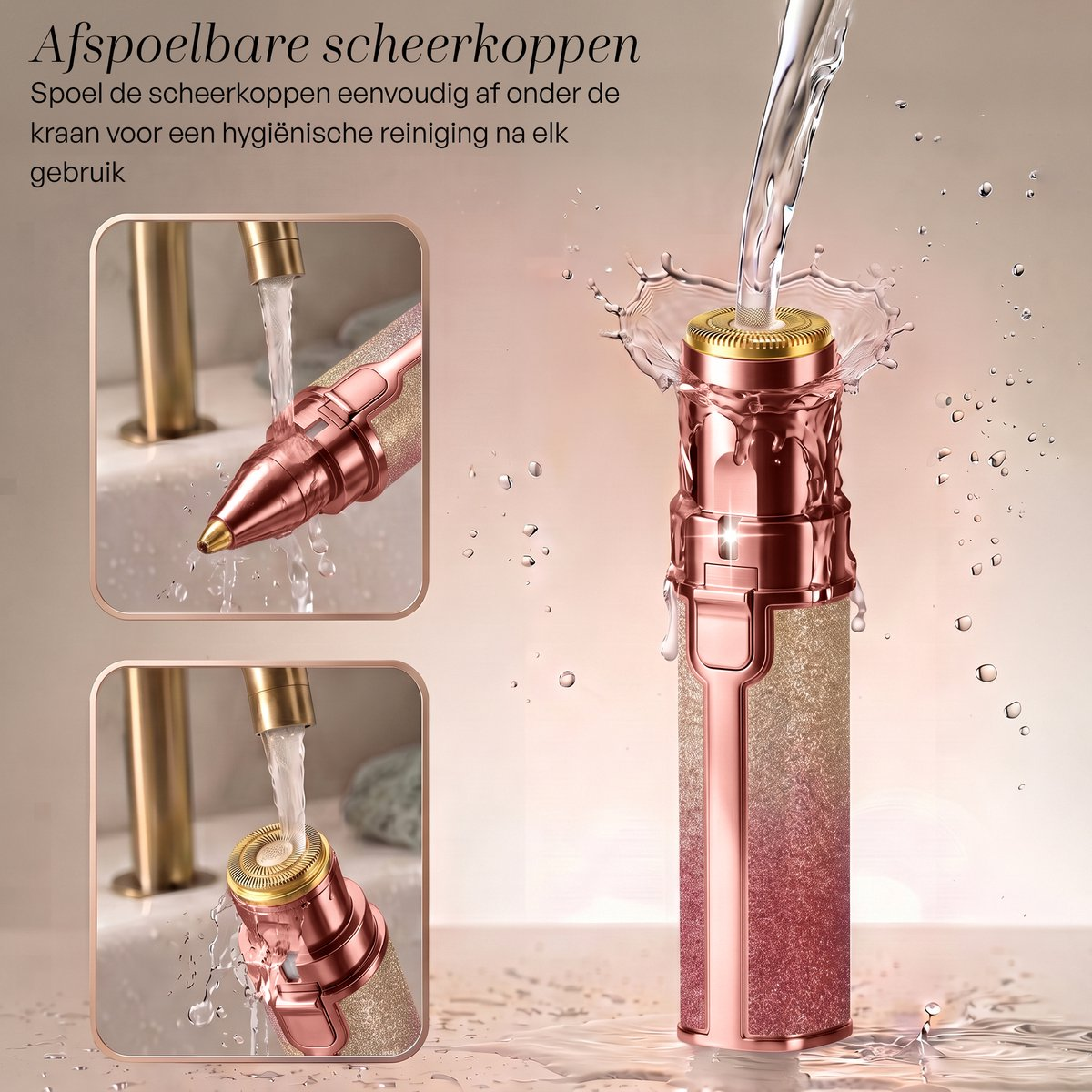 A rose gold shaver being rinsed under running water, with two smaller inset images showing details.