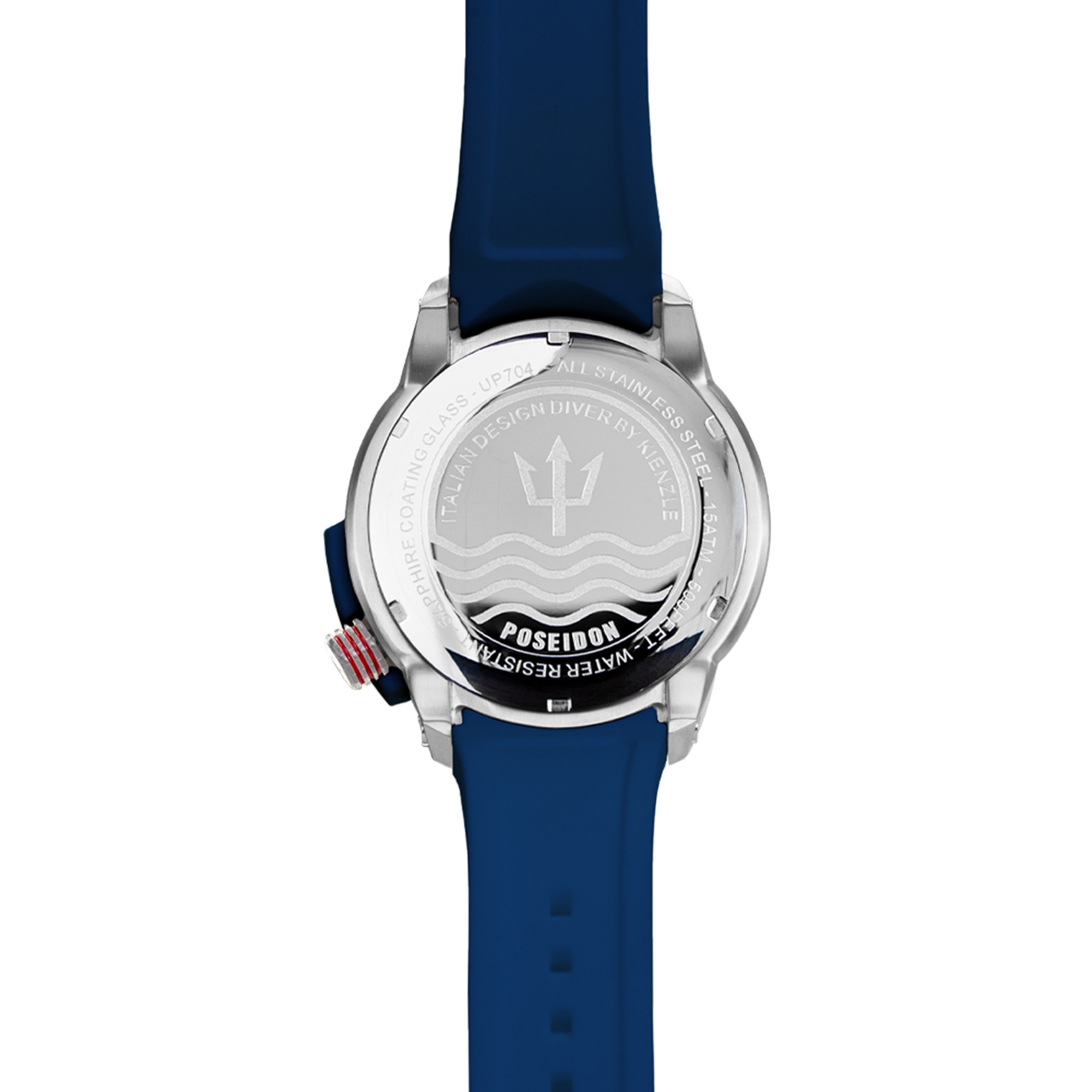 Rückseite einer Edelstahl-Taucheruhr mit blauem Kautschukarmband, Dreizack-Logo und Aufschrift Poseidon.
